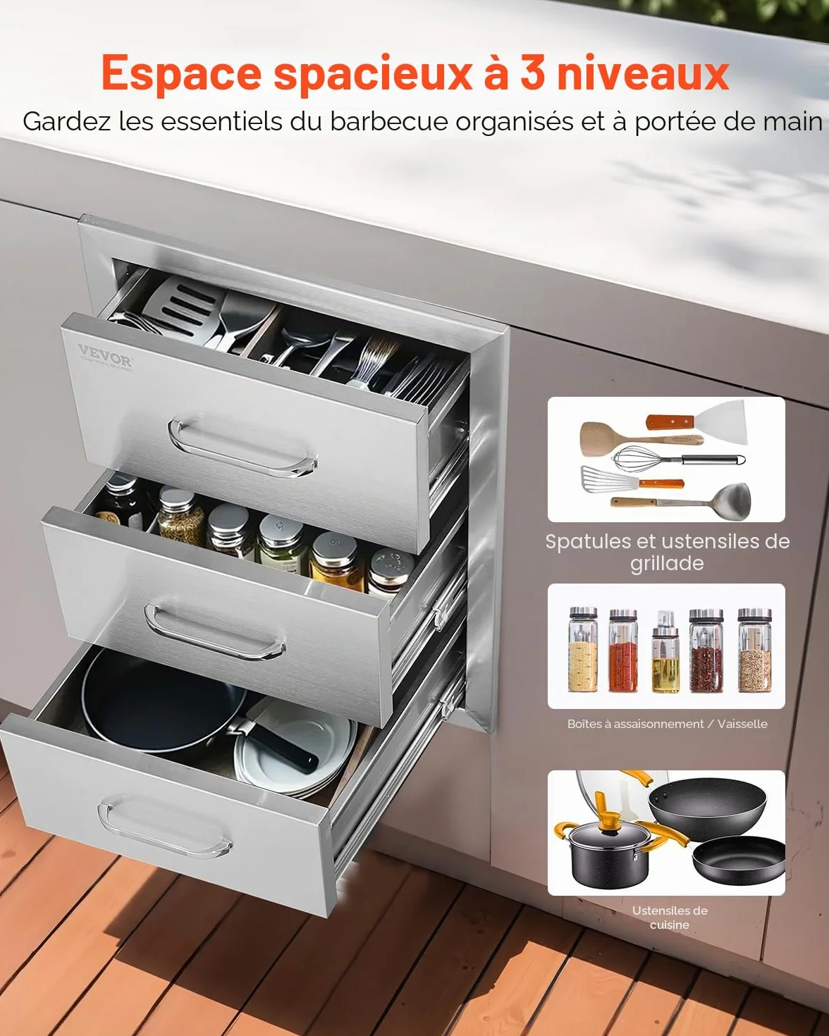 VEVOR Tiroirs de cuisine d'extérieur 40,6 x 54,6 x 45,7 cm (l x H x P) – Tiroirs de barbecue encastrés à triple accès avec poignée en acier inoxydable, îlot de barbecue pour cuisine extérieure ou îlot
