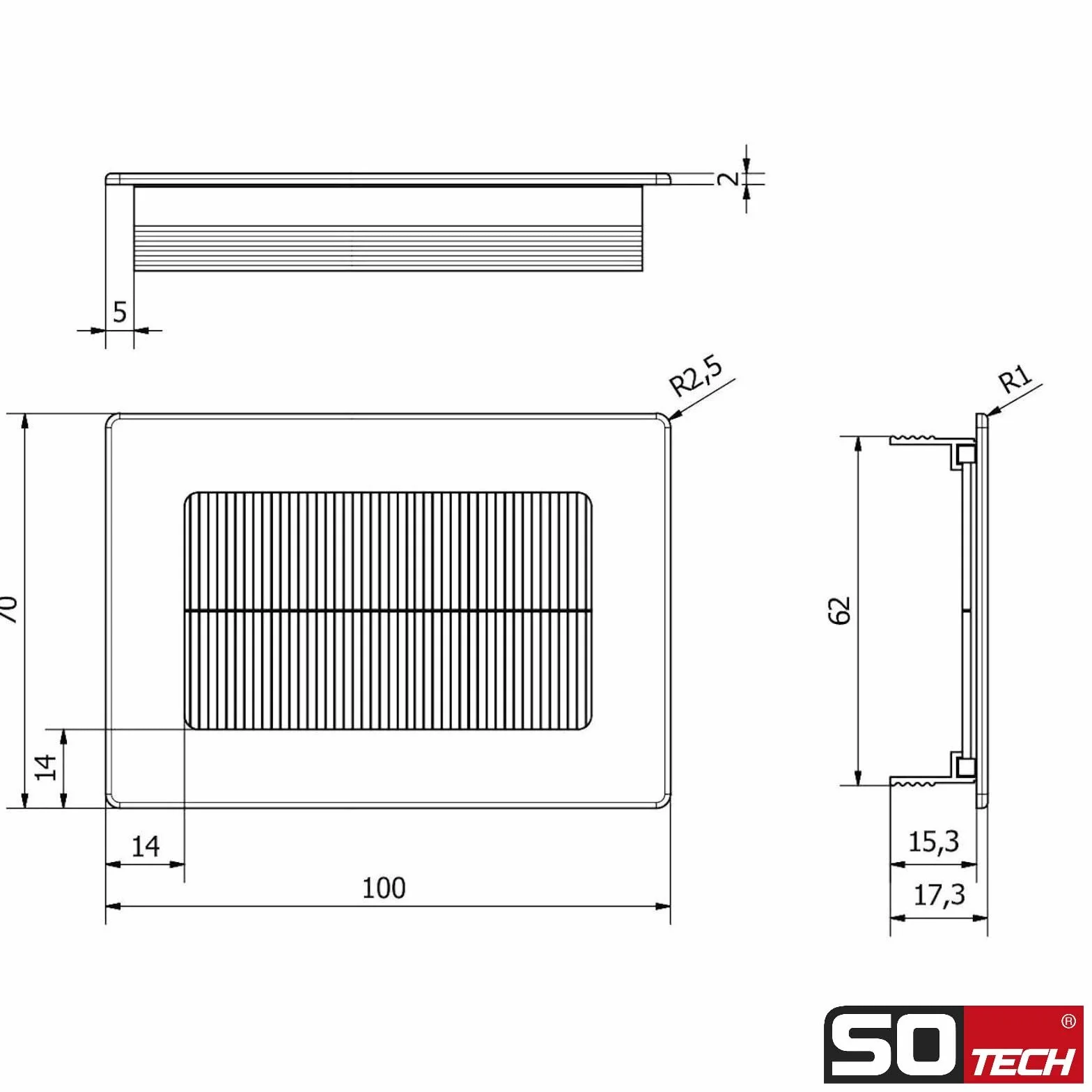 SOTECH Passage de câbles Toledo Aluminium anodisé Noir 100 x 70 mm 90 x 62 x 15,3 mm