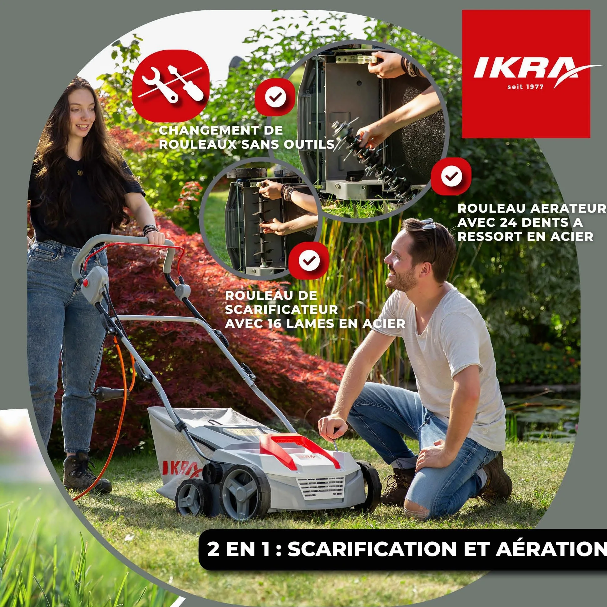 IKRA scarificateur-aérateur électrique IEVL 1838, largeur 38 cm, 1 800 W | Bac de ramassage de 40 l, profondeur de travail de +5 à –12 mm, changement de rouleau sans outil, appareil 2 en 1