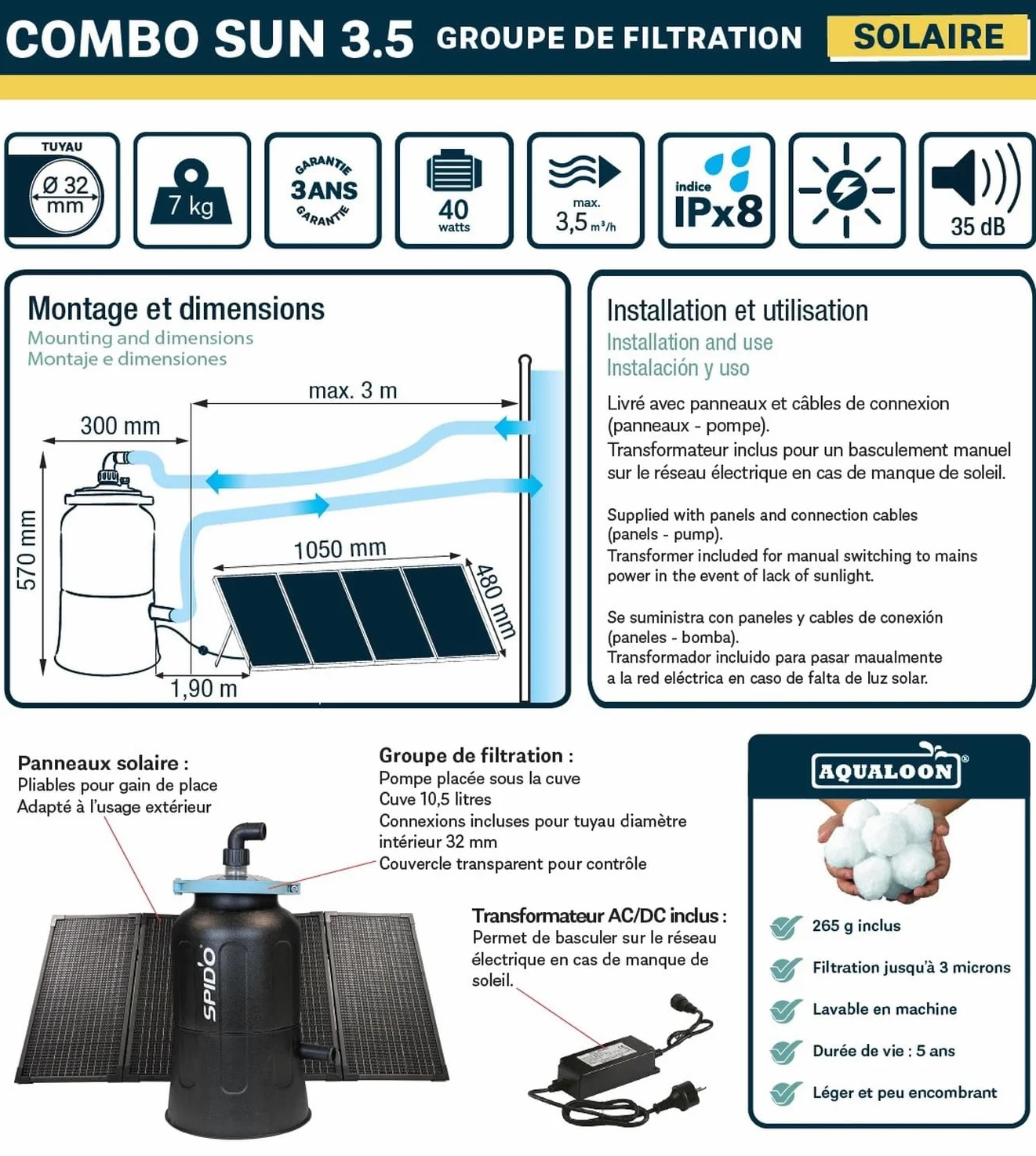 SPID’O Combo Sun 3.5 Filtration Piscine Solaire Hybride 3,5 m³/h Consommation Réduite x8 Panneaux Inclus