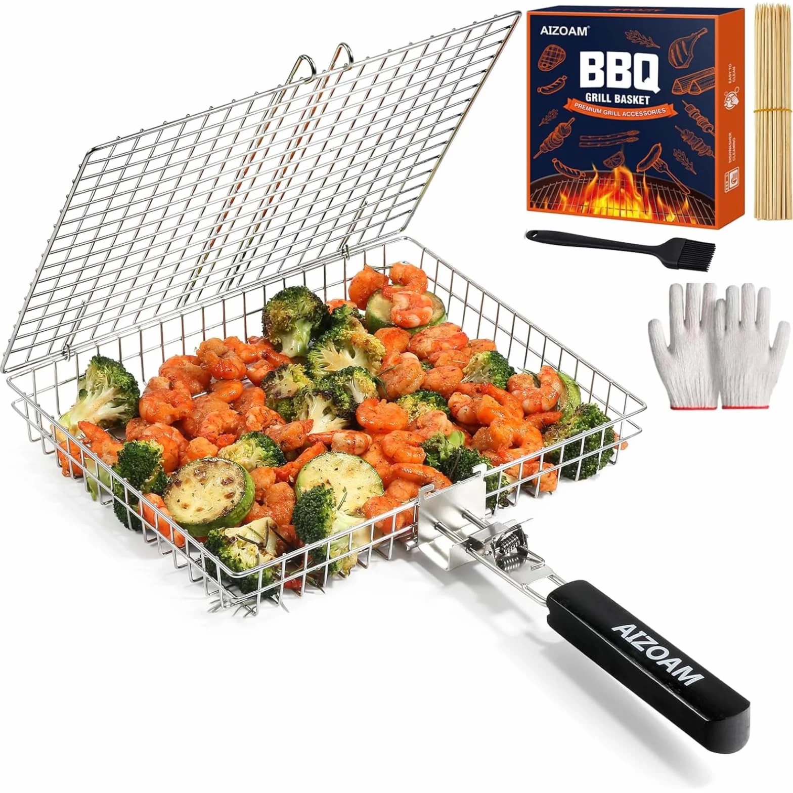 Panier de barbecue – Paniers de barbecue pour barbecue extérieur, grand panier de barbecue en acier inoxydable avec poignée amovible, support de barbecue portable pour poisson, idéal pour la
