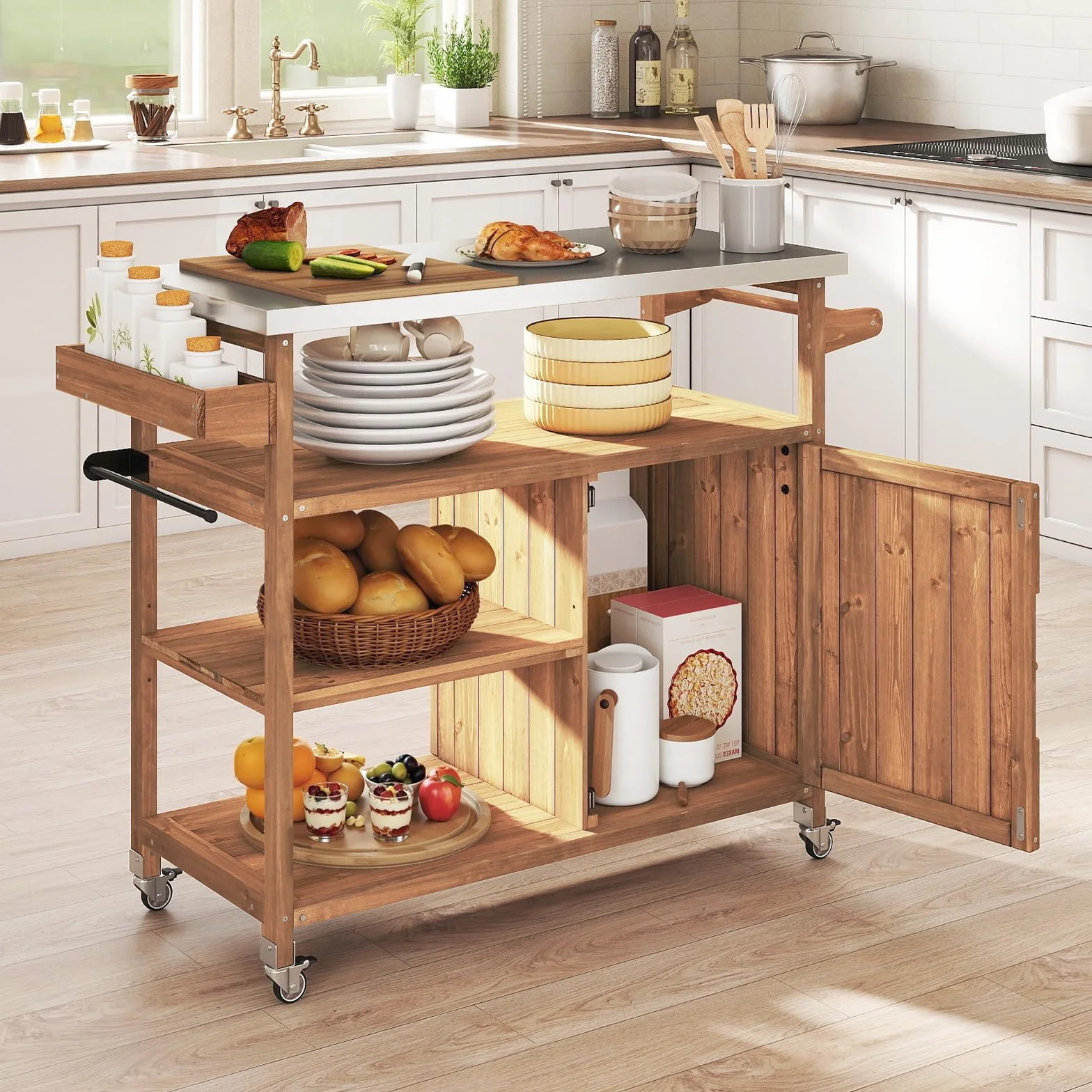 GOPLUS Desserte Jardin Barbecue en Bois, Plan de Travail Acier Inoxydable, 3 Étagères, 4 Roulettes, 47x118x92 cm