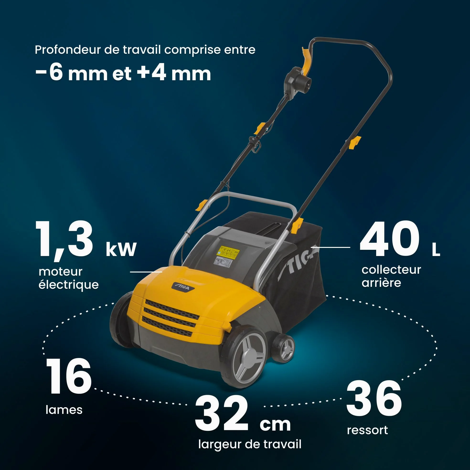 STIGA SV 213 E Scarificateur Électrique, 1300 W, 32 cm – 16 Lames/36 Ressorts Interchangeables, Bac 40 L – Pelouses