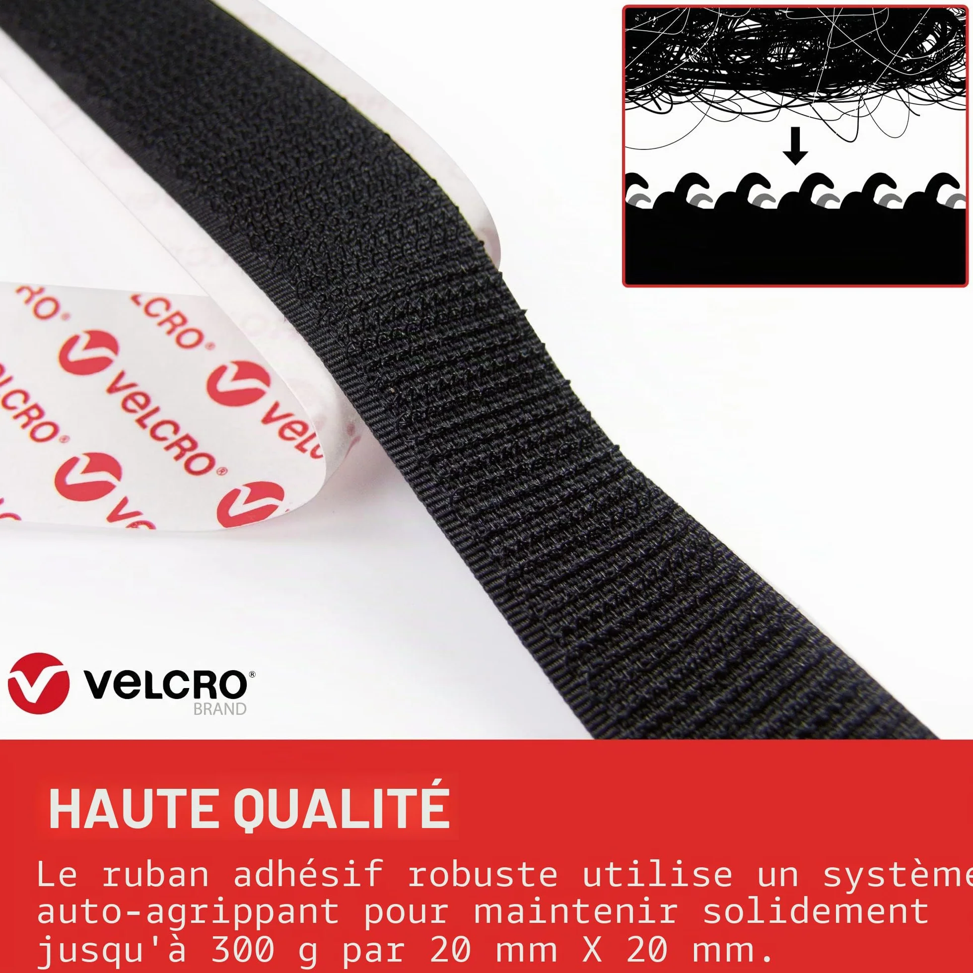 Velcro Ruban Adhésif Auto-Agrippant Crochets Boucles 20 mm x 1 m Noir