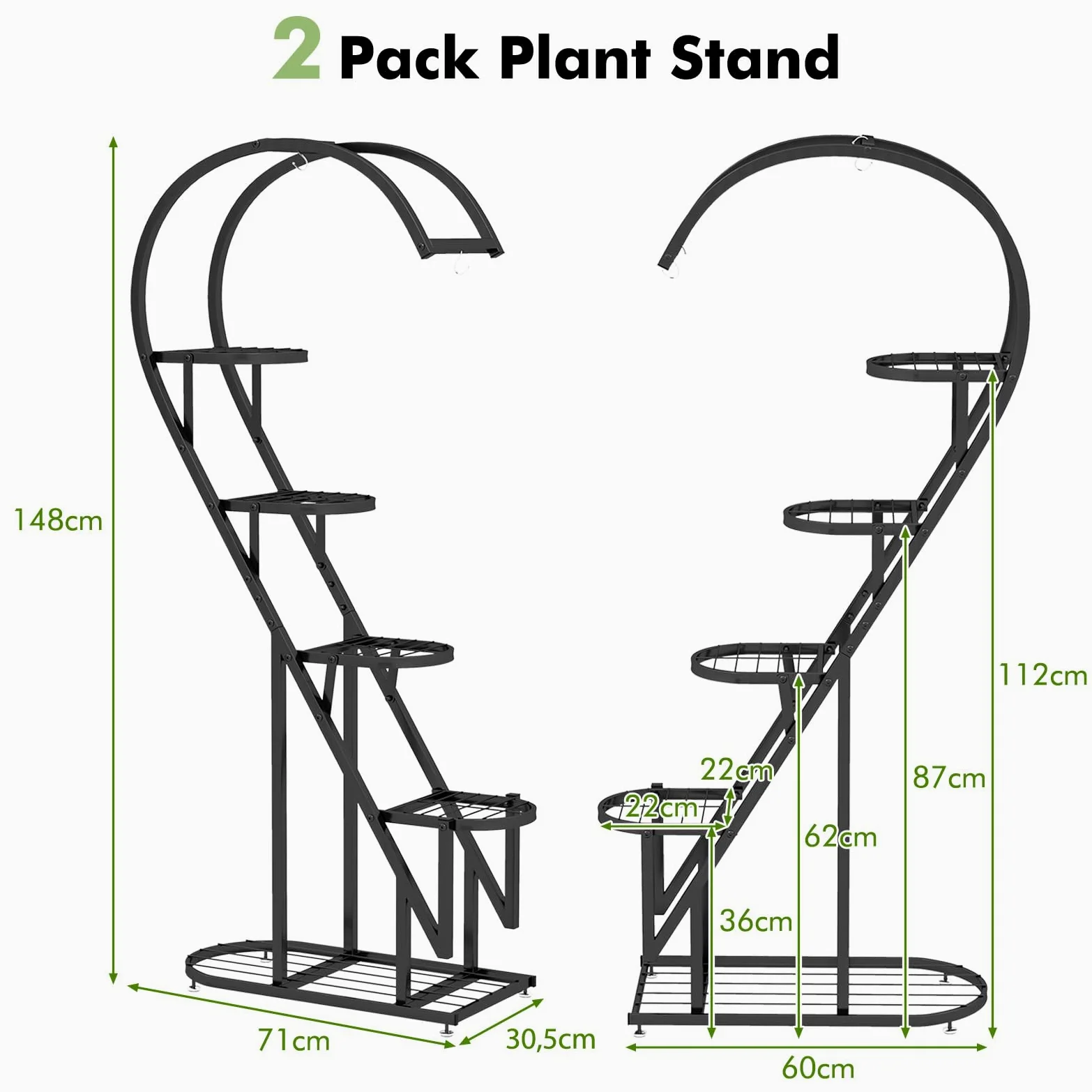 HOMASIS Support pour plantes à 5 étages en métal en forme de cœur - Avec crochets - Pour l'intérieur et l'extérieur - Pour salon, jardin, balcon, terrasse - Noir