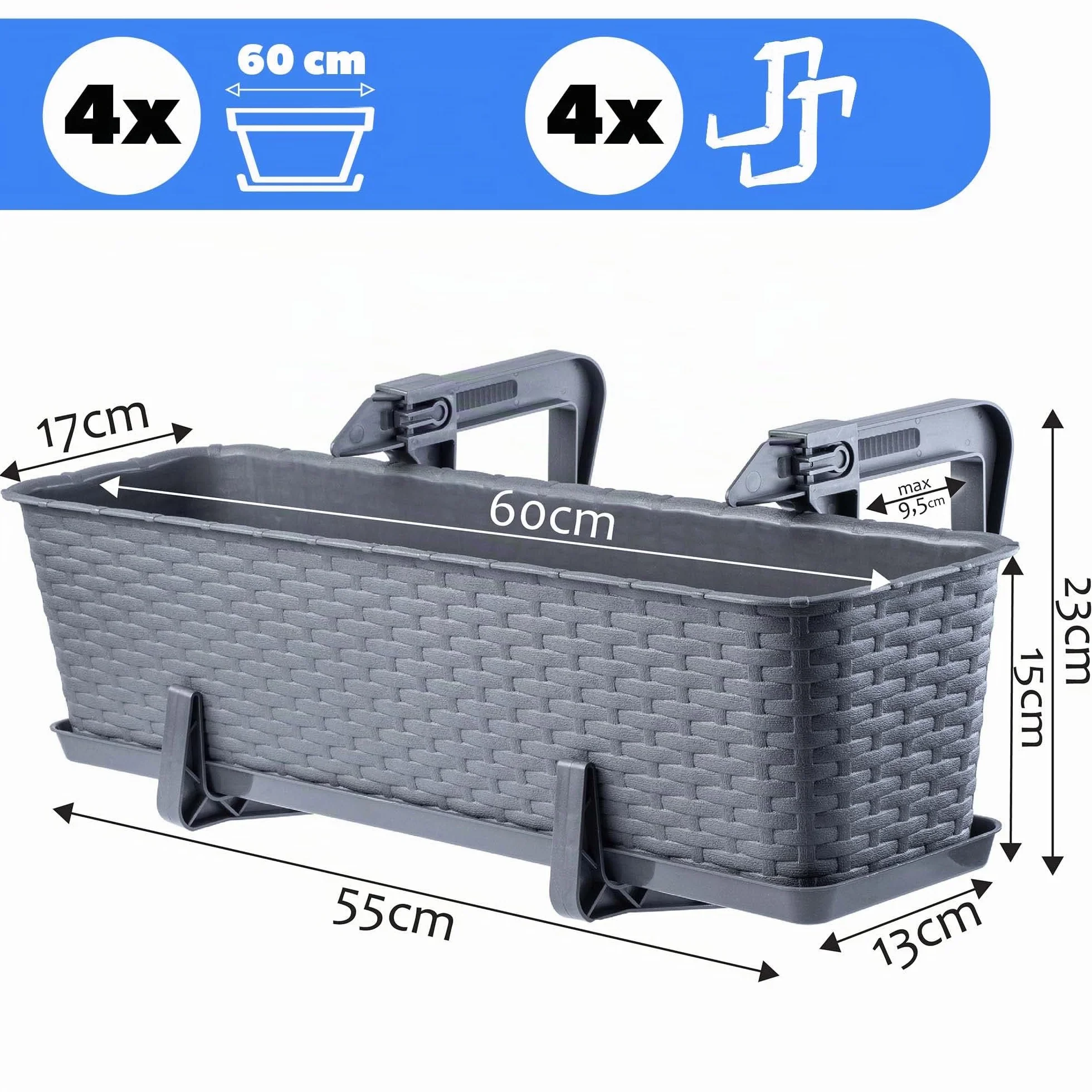 KADAX Lot de 4 jardinières 60 cm Plastique Graphite - Rectangulaires avec supports de fixation
