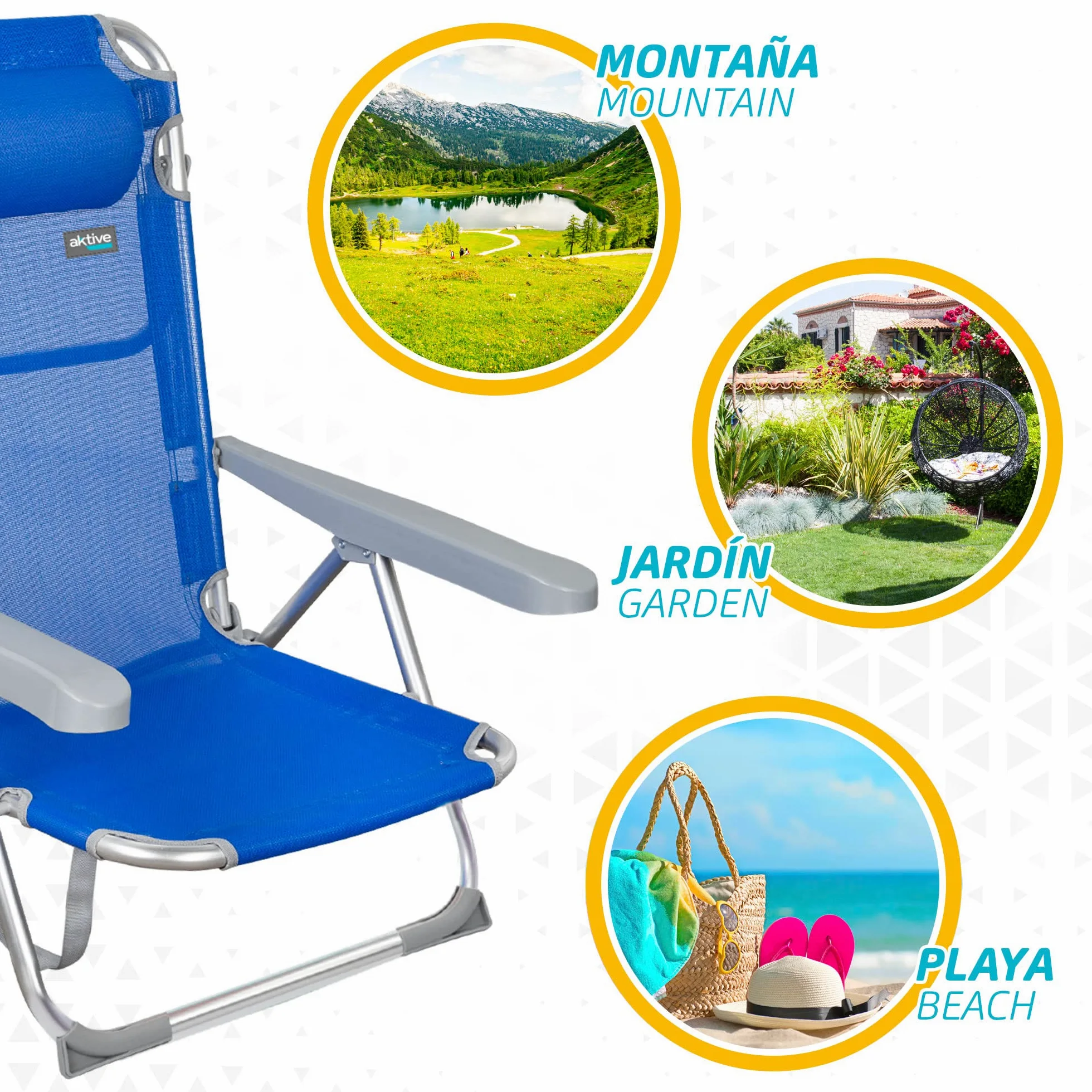 AKTIVE Beach - Lot de 2 Chaises de Plage Pliantes Gomera, Multipositions avec Dossier Réglable, Coussin, Protections Anti-Renversement et Poignée de Transport, 48 X 60 X 90 cm, Bleu