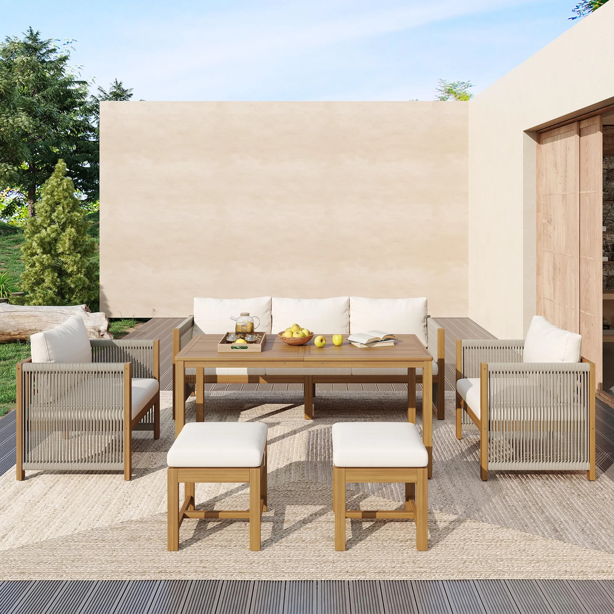 Ensemble de salon de jardin acacia 7 personnes canapé 3 places B-beige