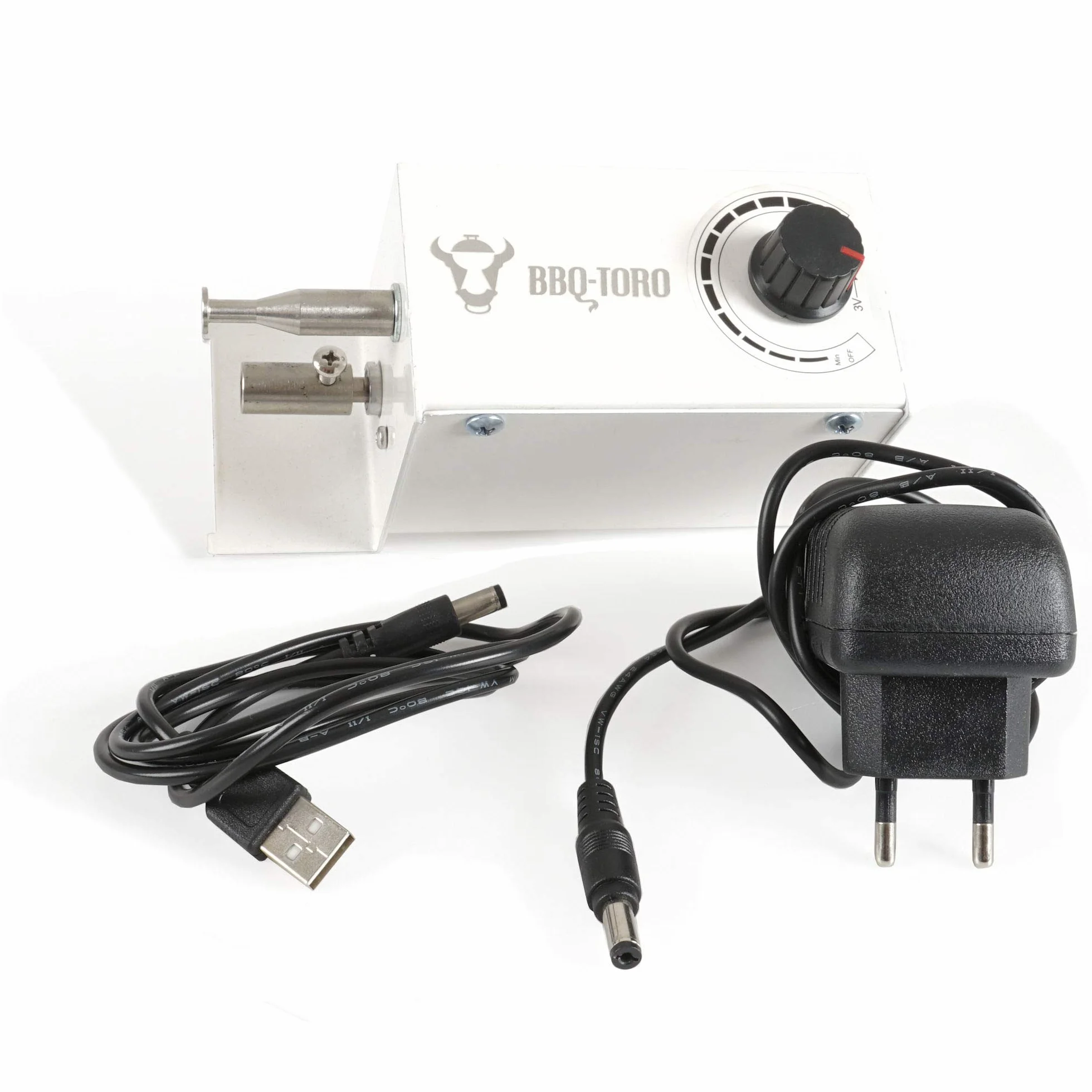 BBQ-Toro Tournebroche électrique - En acier inoxydable - Avec 9 brochettes et moteur - Taille réglable 56 x 26-40 cm - Prise d'alimentation et USB - Chachlyk Mangal - Broche pour rôtisserie