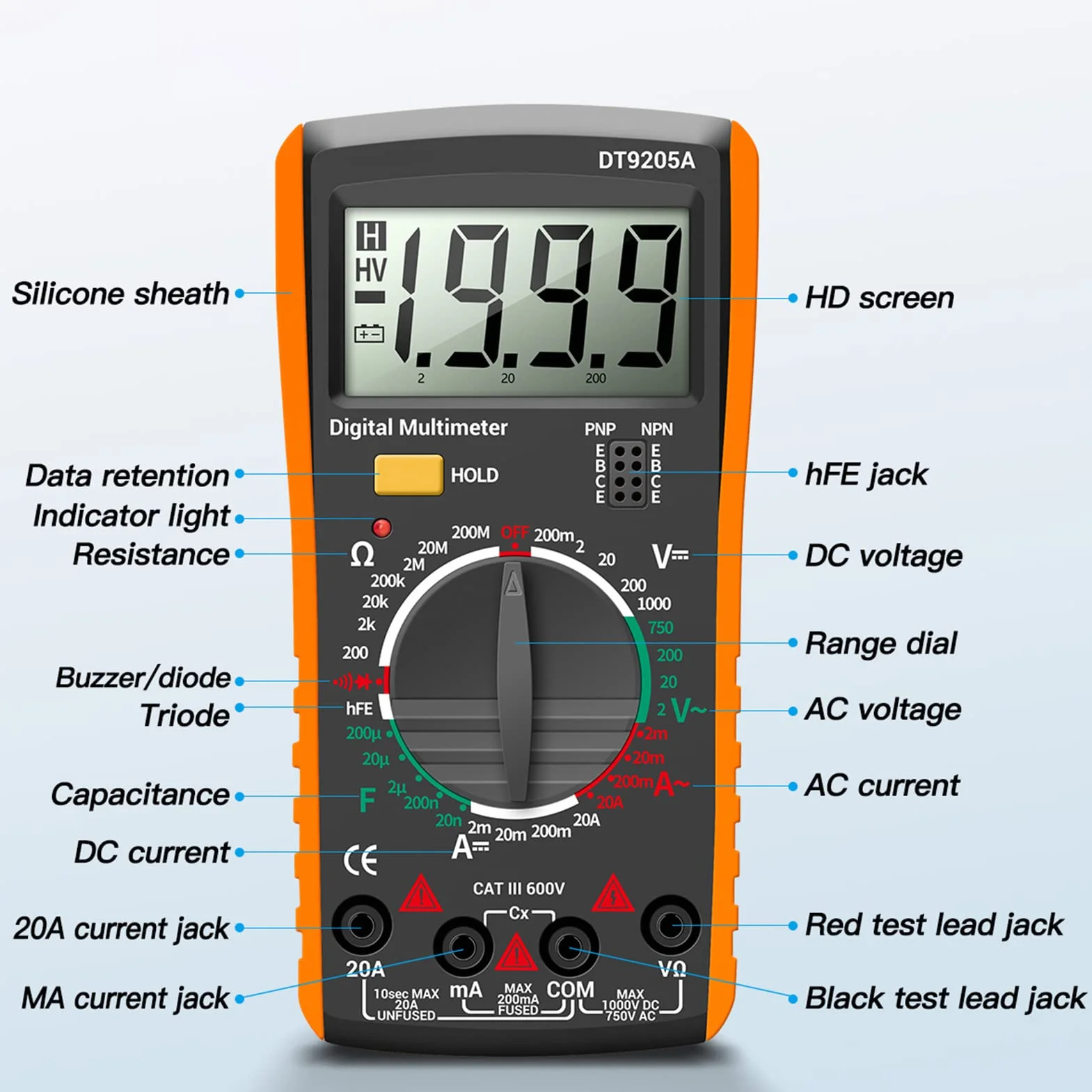 Multimètre Numérique DT9205A 2000 Comptage Professionnel Voltmètre Ampèremètre Ohmmètre Testeur Électrique Automatique LCD