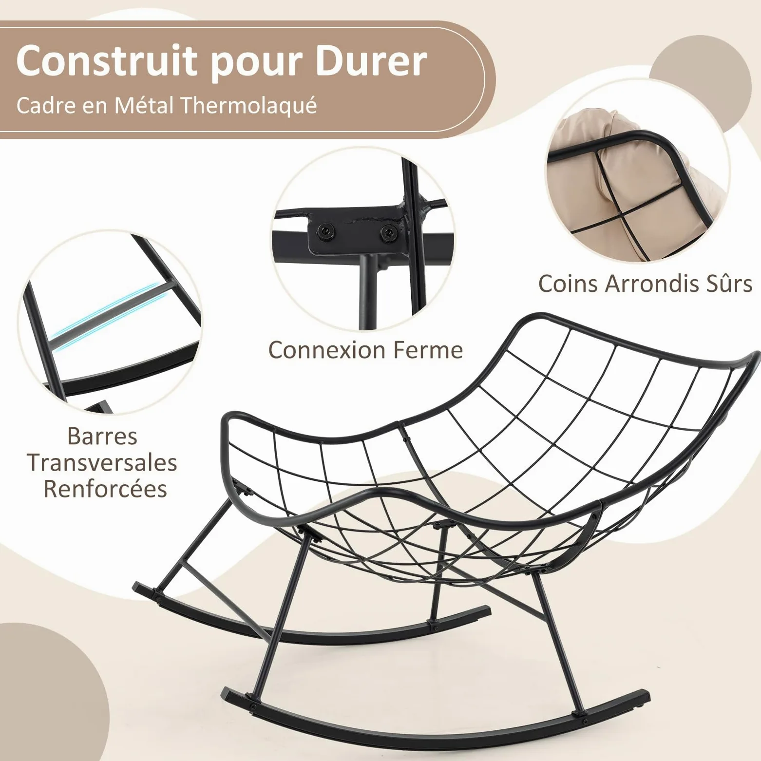 RELAX4LIFE Fauteuil à Bascule de Jardin, Chaise Papasan avec Coussin et Cadre en Métal pour Intérieur et Extérieur, Charge 205KG pour Chambre Salon Porche Jardin Terrasse (Beige)