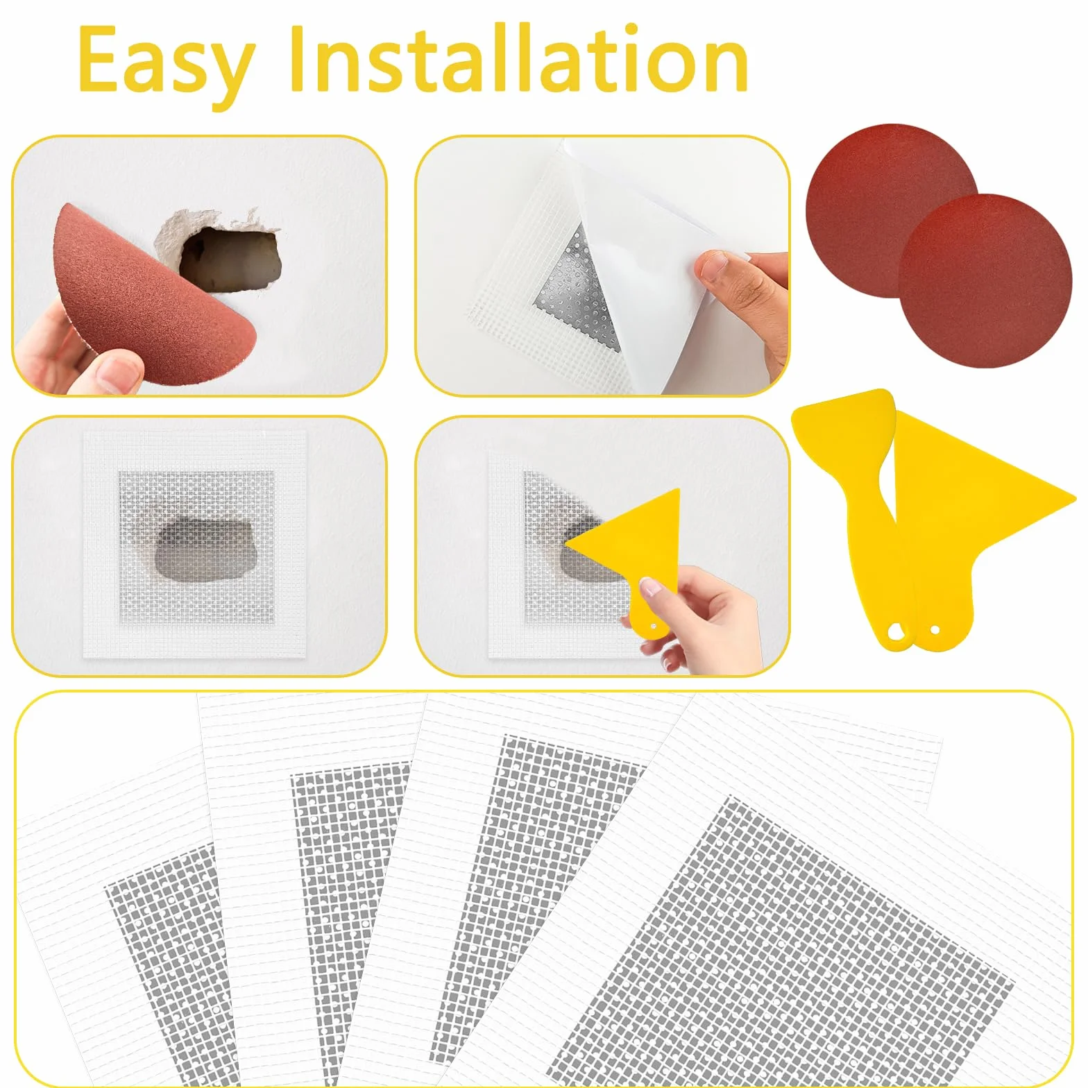 Lot de 16 patchs autocollants de réparation murale en aluminium 5/10/15 cm - Kit de réparation de cloisons sèches