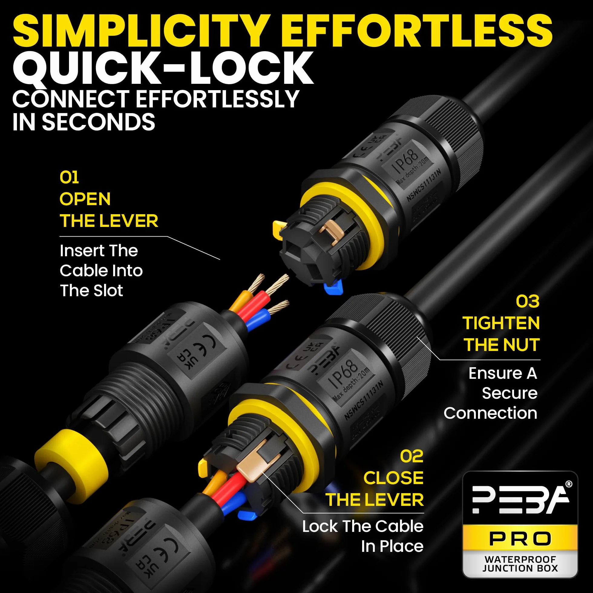 PEBA Connecteurs de Câbles Étanches IP68 Boîte de Jonction 3 Fils Raccord Extérieur Ø4-12mm 2 Pièces
