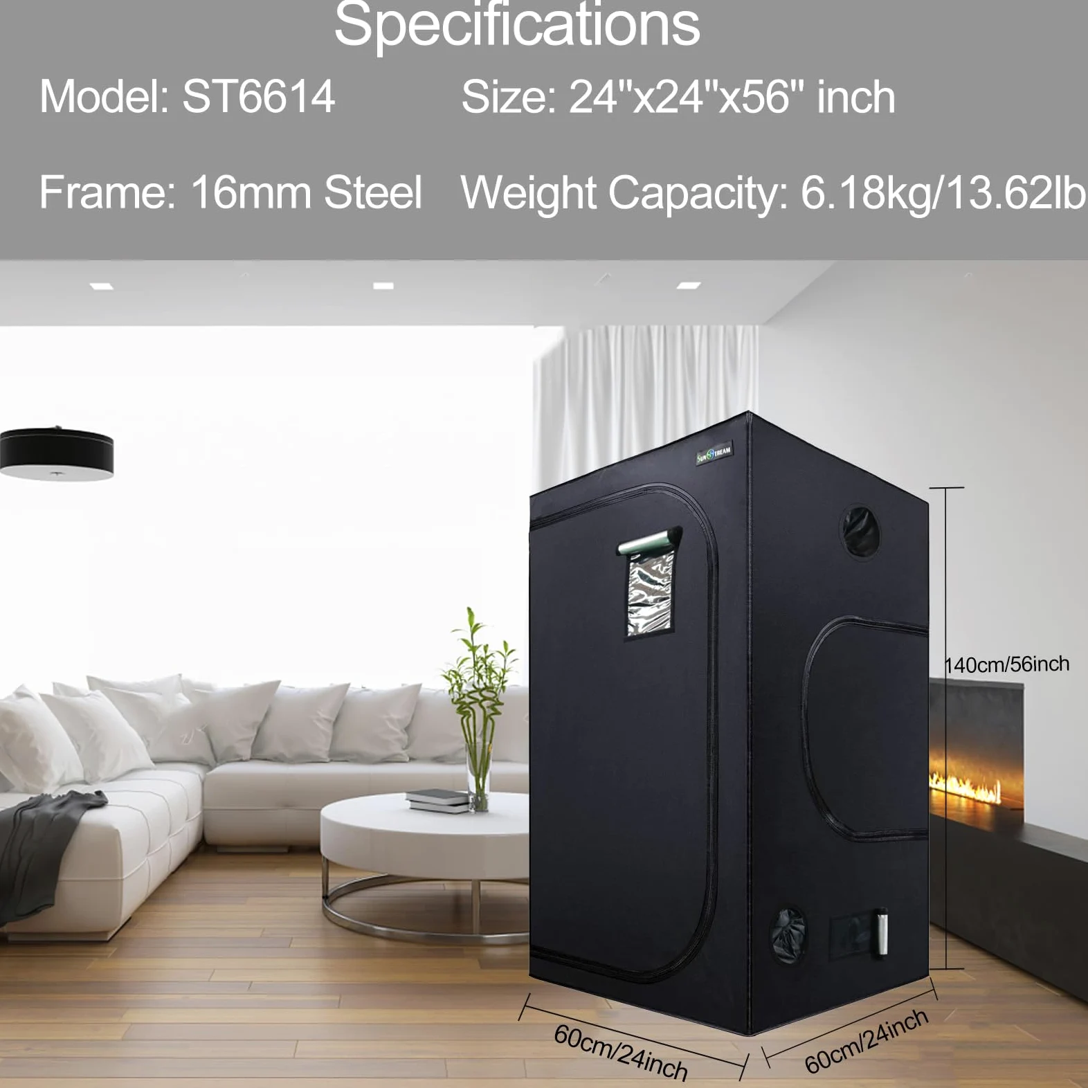 SunStream Grow Tent Tente de Culture Grow Box 60x60x140 cm Hydroponique Tente de Croissance avec Fenêtre d'Observation pour Plantes (Noir, 24"x24"x56")