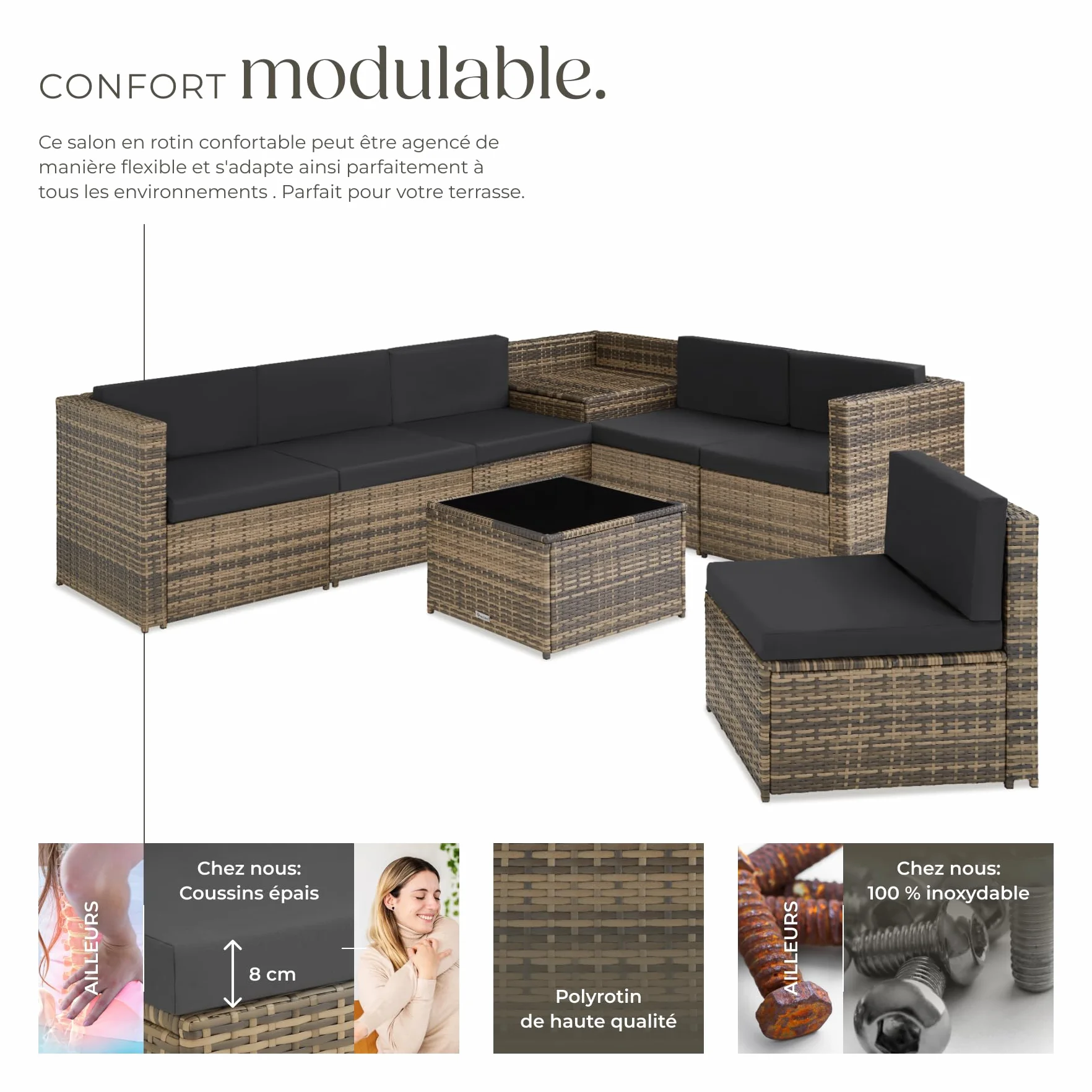 Tectake Salon de Jardin en Rotin 6 Places Resine Tressee Modulable avec Coffre et Table en Verre Marron Naturel