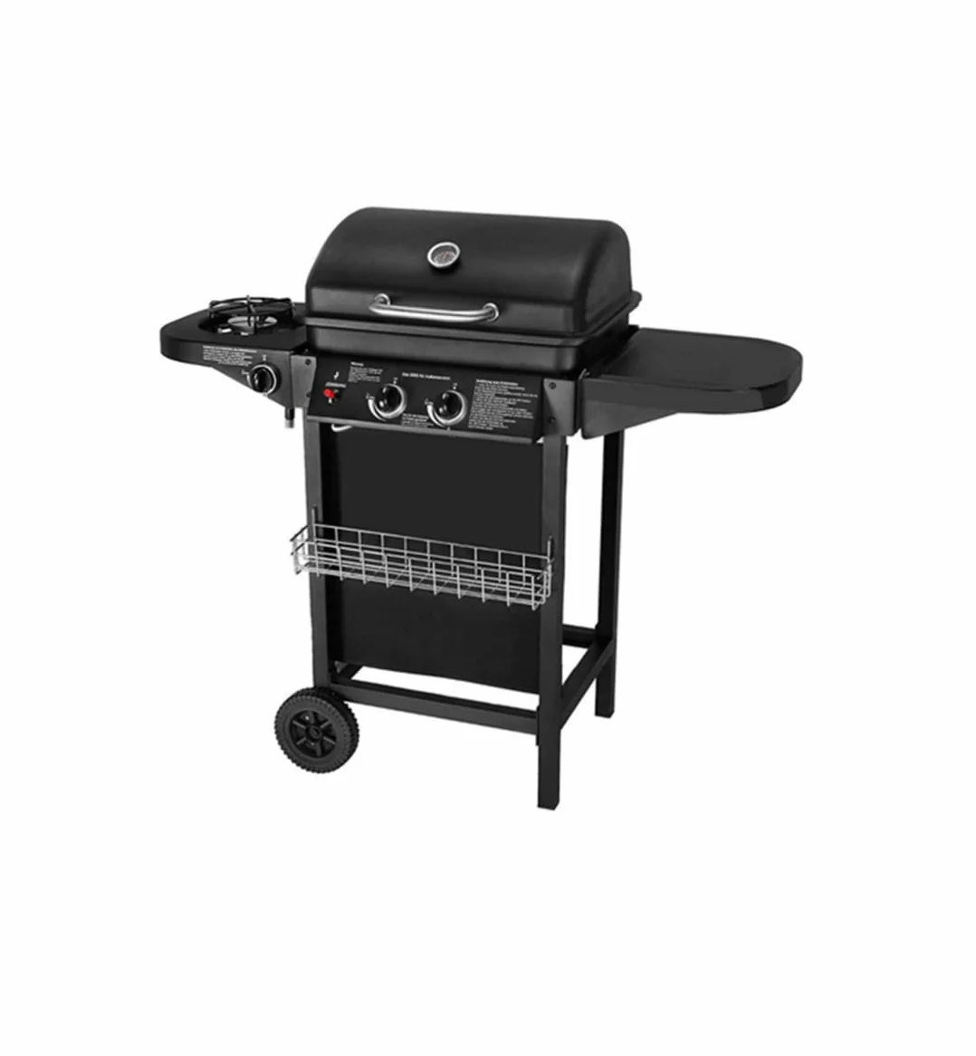 Barbecue à gaz avec 2 brûleurs à gaz compacts, brûleurs latéraux, grilles de barbecue, tables latérales et voiture en acier, 8,7 kW