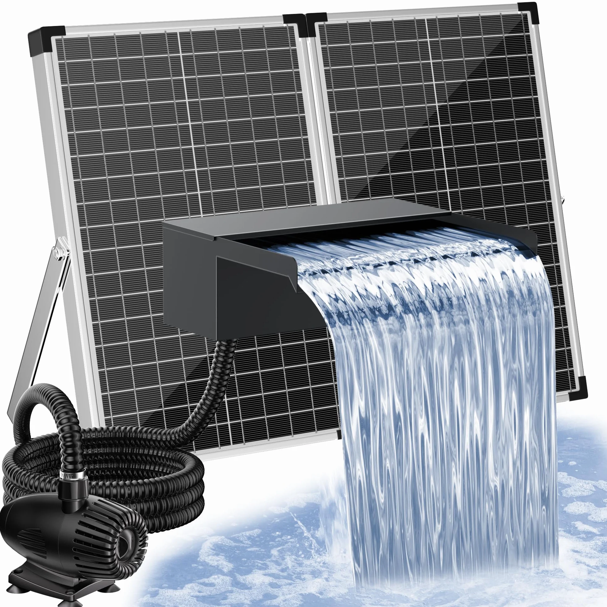 POPOSOAP Cascade de Bassin Solaire 70W, Bac Acier Inoxydable 30cm, Pompe 2500 L/h, Tuyau 3m