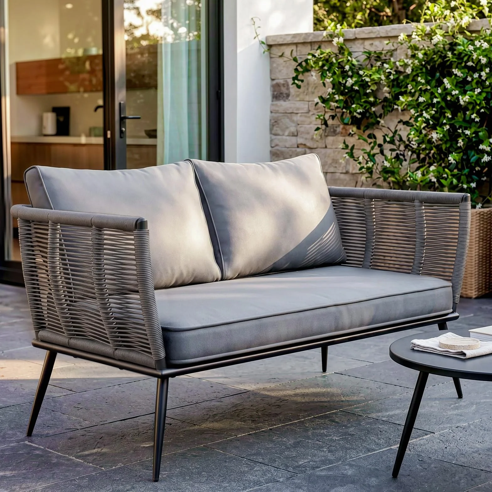 LIFERUN Canapé de Jardin 2 Places en Résine Tressée avec Coussins d'Assise et de Dossier, Banc de Jardin avec Accoudoirs, pour Balcon, Terrasse, Jardin, Piscine, Intérieur et Extérieur, Gris