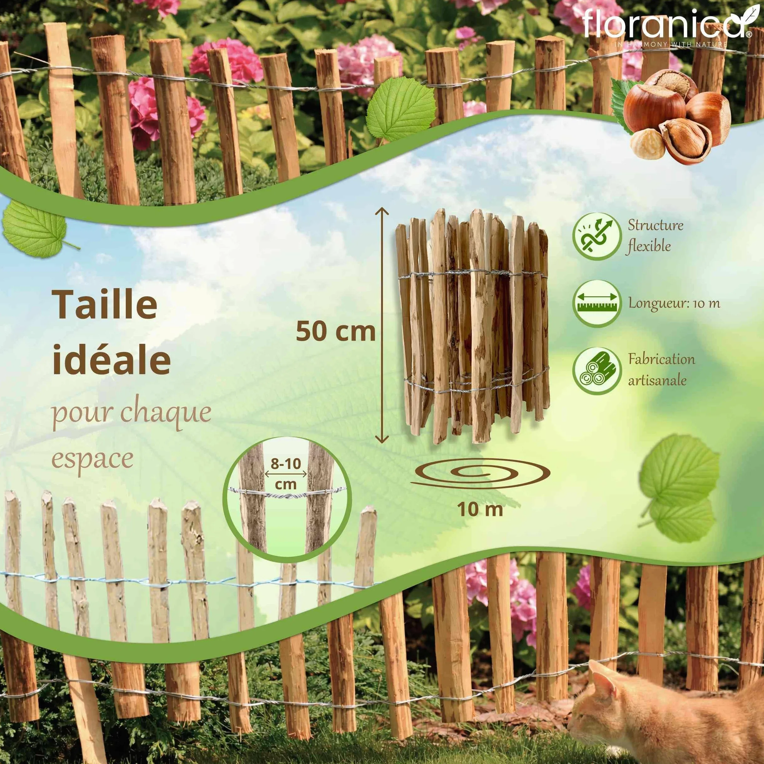 Floranica clôture en noisetier châtaignier 10 m x 50 cm de hauteur, écart entre les lattes 8-10 cm, bordure de jardin