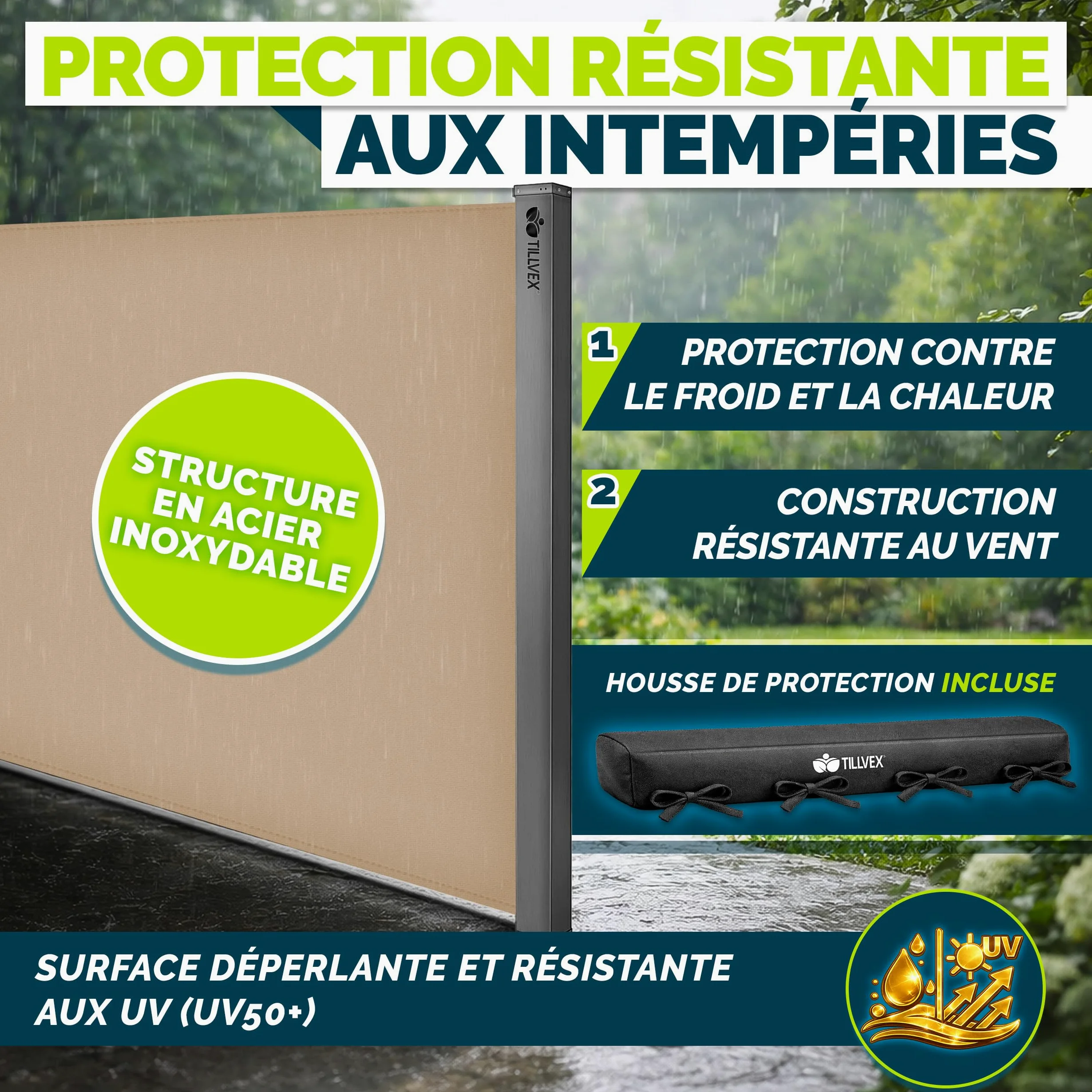 tillvex® Store latéral 160 x 400 cm extensible et opaque avec Housse de protection | Brise-vue pour balcon, jardin et terrasse | Support mural | Protection solaire en acier inoxydable | Contre le vent
