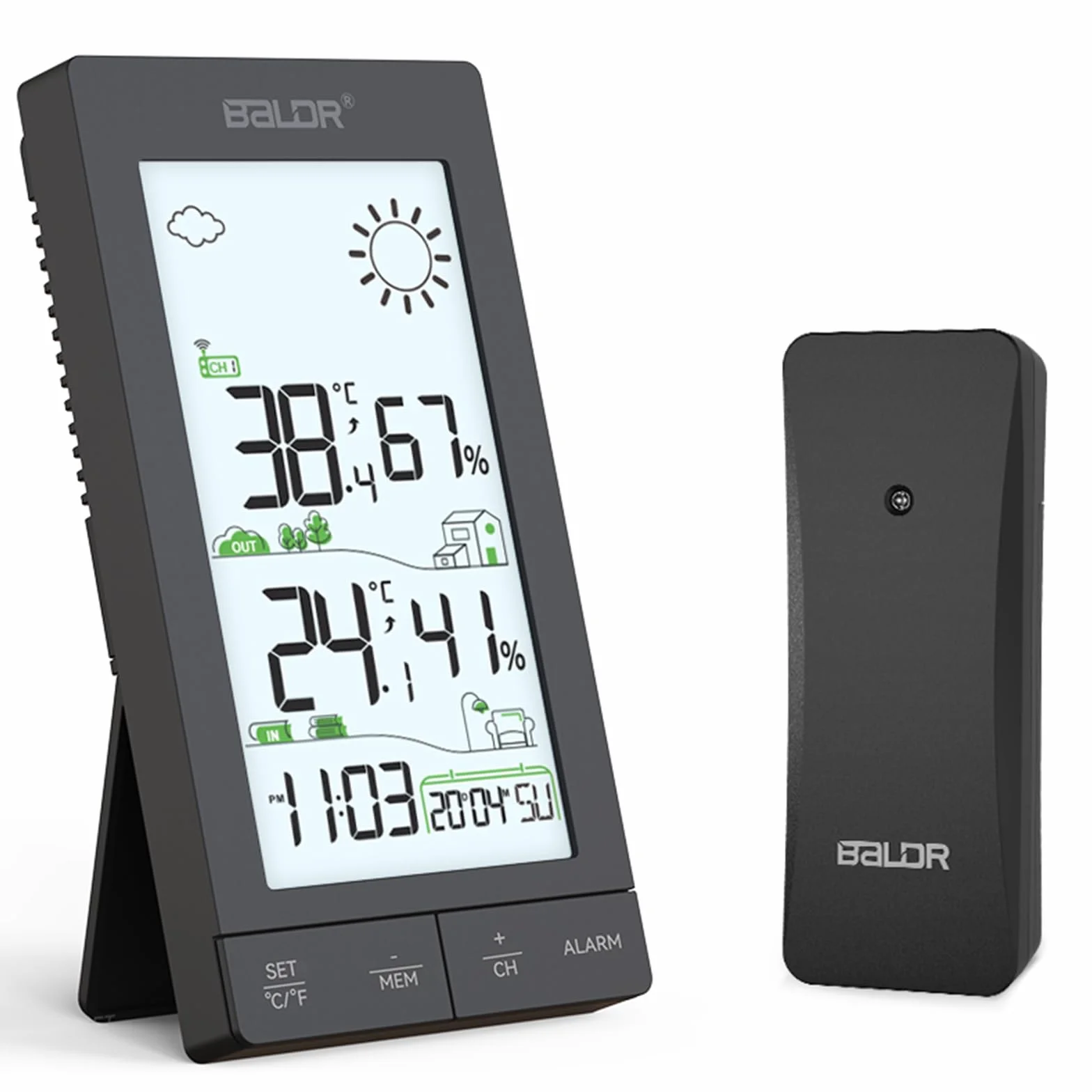 Station Météo Sans Fil Écran LCD 6,0' Capteur Extérieur Thermomètre Hygromètre Prévisions Réveil Noir