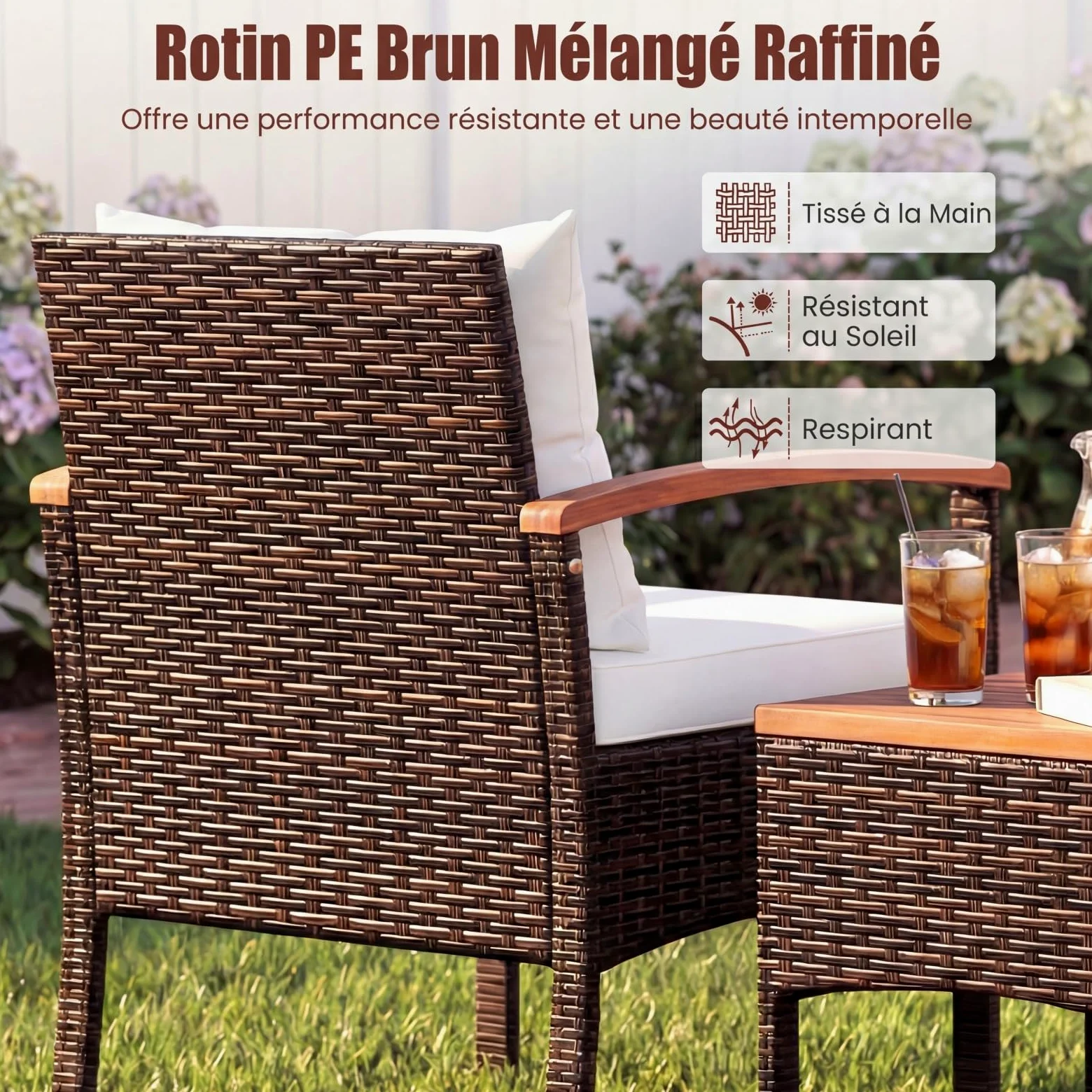 COSTWAY Salon de Jardin Exterieur 3 Pièces en Rotin PE, Ensemble de Meubles 2 Fauteuils Table Basse Plateau en Bois d'Acacia avec Coussin Amovible, pour Jardin Balcon Piscine (Beige)