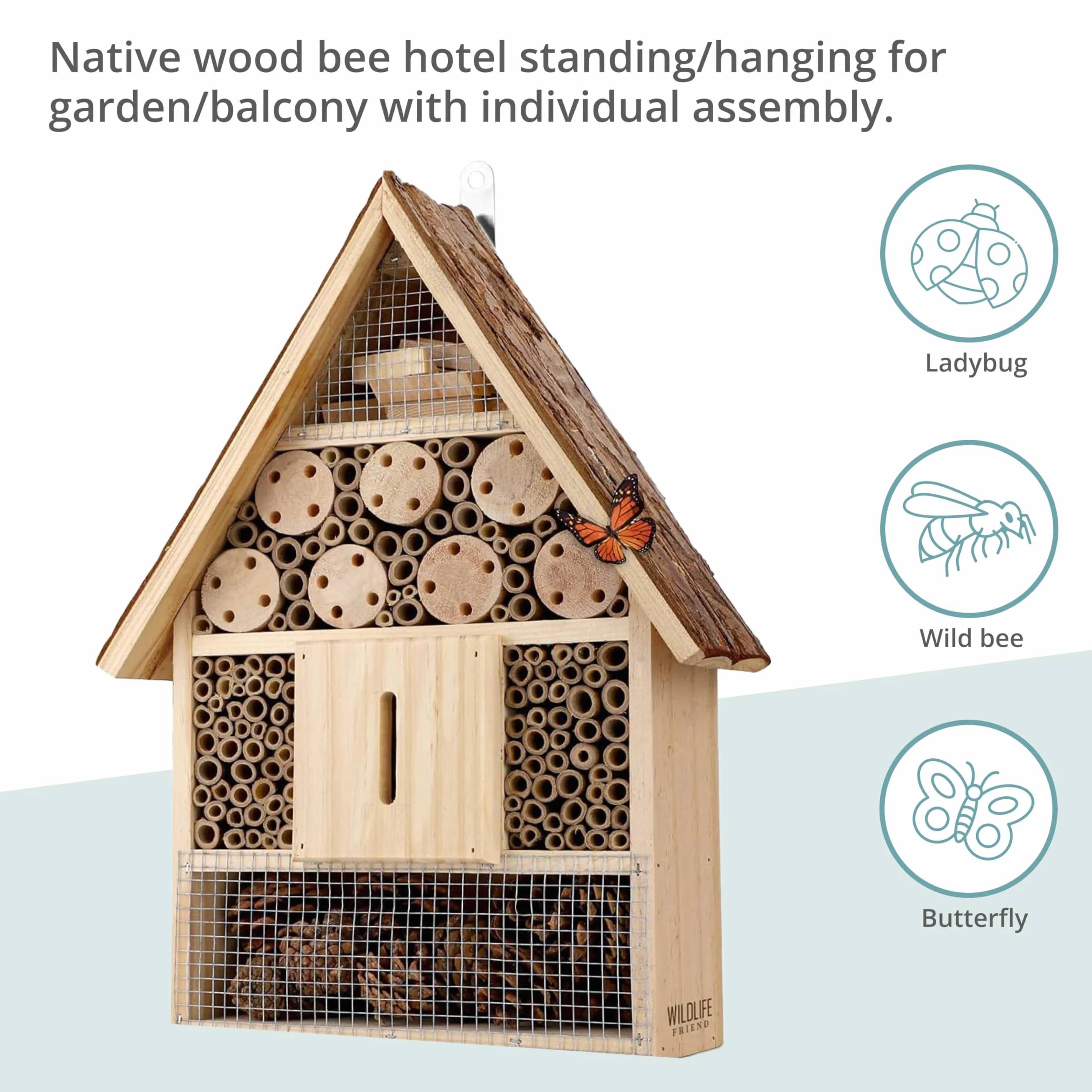 Hotel à Insectes en Bois avec Toit en écorce 40cm pour Abeilles Coccinelles Papillons