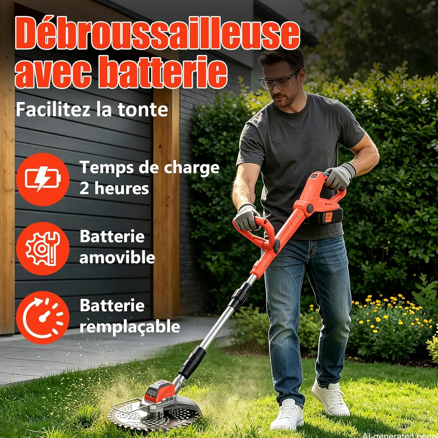 Debroussailleuse Electrique sans Fil, 21V Coupe Bordure sans Fil avec Batterie, Batterie Debrouissalleuses avec 3 Lames, Débroussailleuse Rétractable Convient Aux Jardins et Aux Pel (Rouge-1)