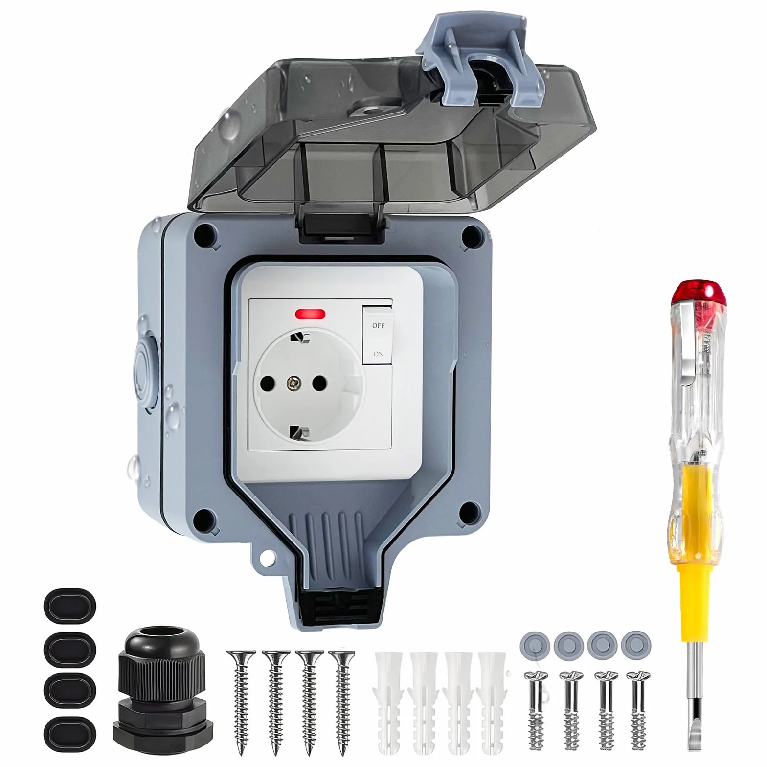 Prise Extérieure Étanche IP66 avec Interrupteur LED, Fixation Murale Gris