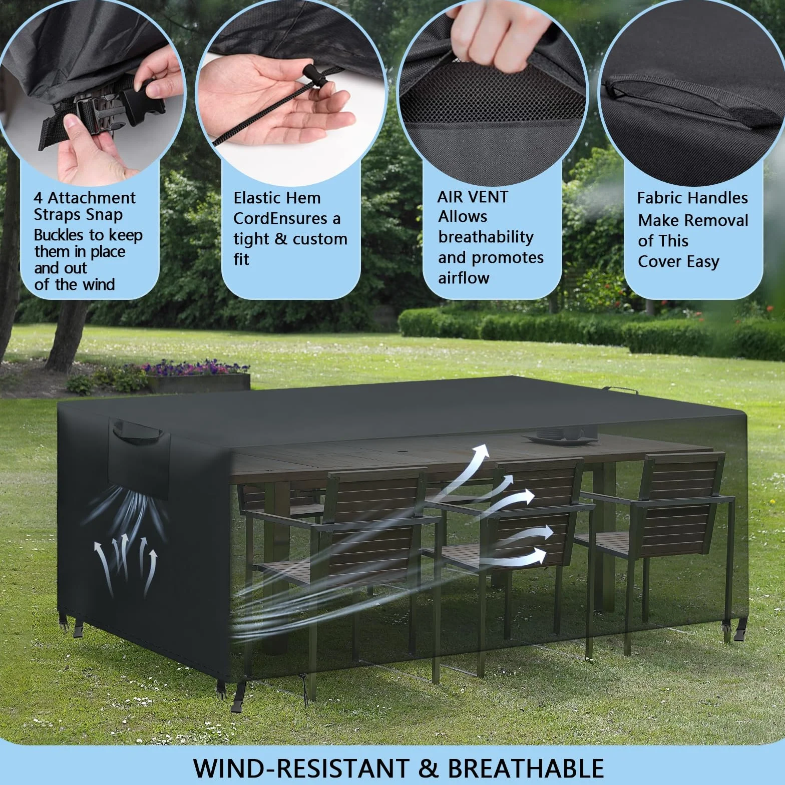 Housse Table de Jardin, Housse Salon de Jardin Exterieur, Housses pour Mobilier de Jardin Imperméable Anti-UV, 420D Tissu Oxford Housse de Protection Salon de Jardin, Noir, 180x120x74 cm