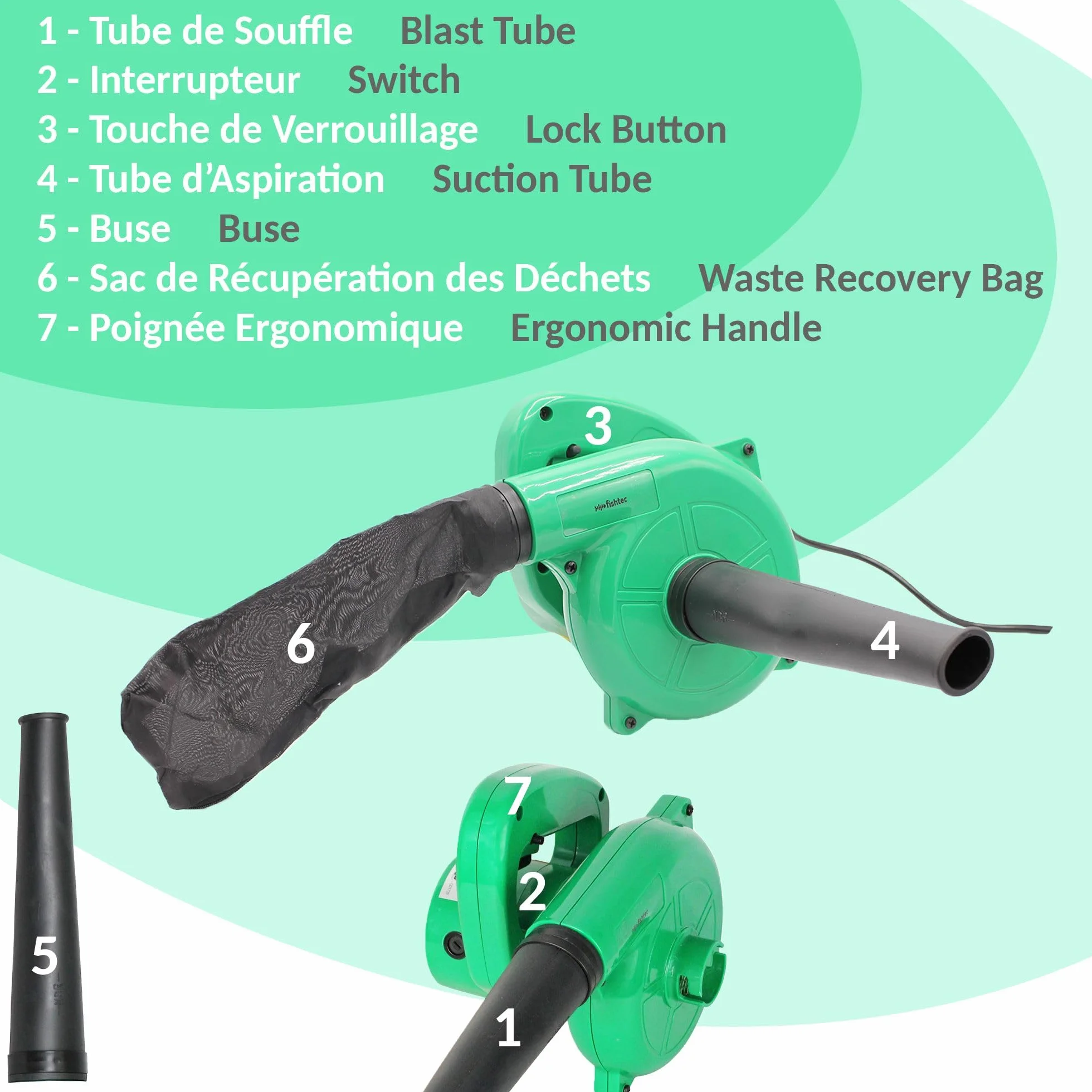 FISHTEC Mini Souffleur Aspirateur 2 en 1 500W Électrique avec Sac Feuilles Jardin