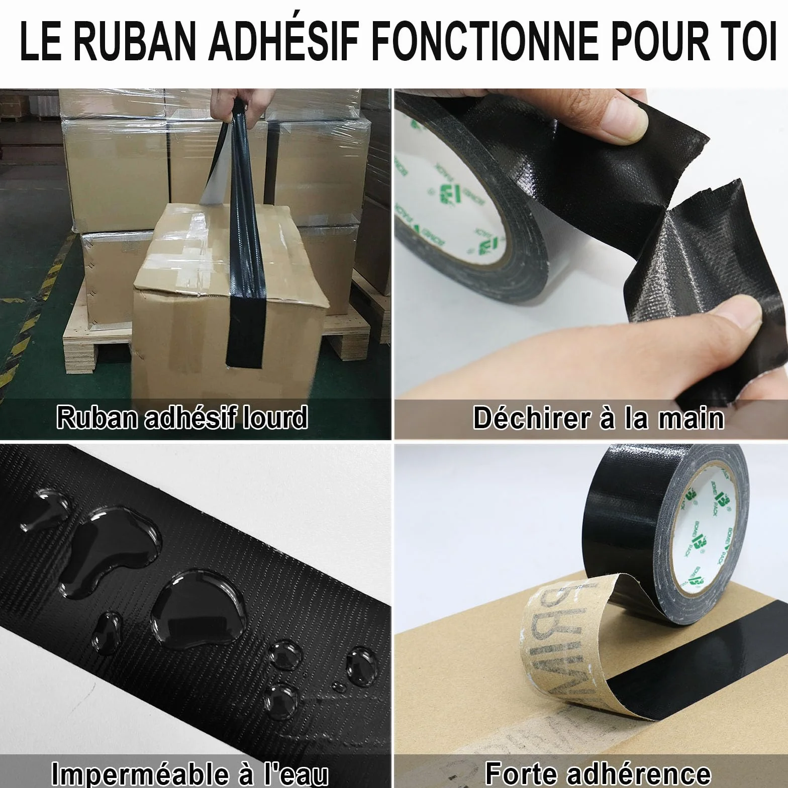 BOMEI PACK Ruban Adhésif Toilé Noir Heavy Duty Duct Tape 50 mm x 30 m