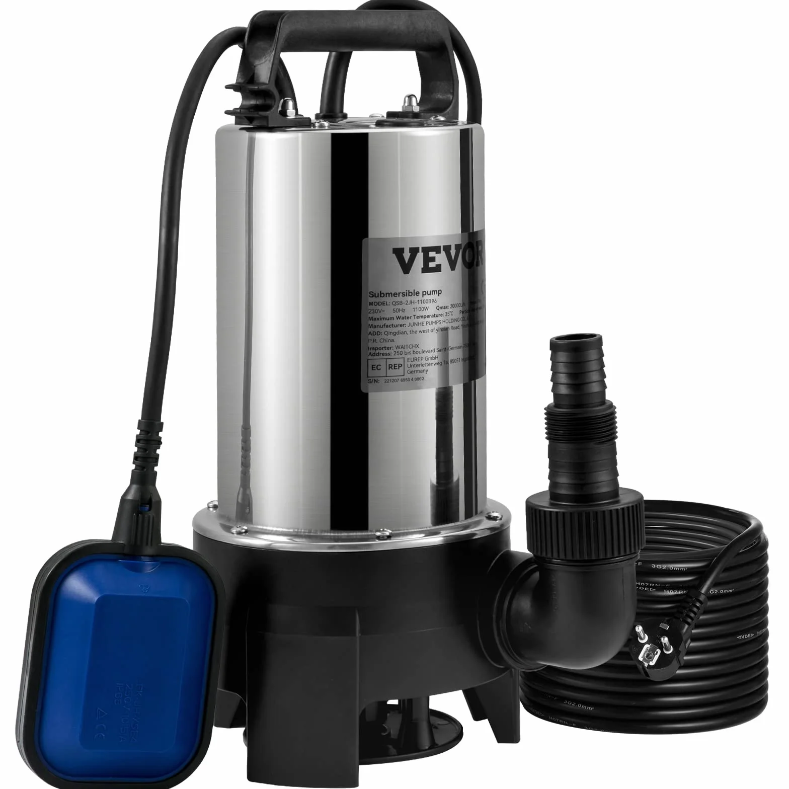 VEVOR Pompe de Relevage Eaux Chargées 1100 W 333,3 L/min Immergée