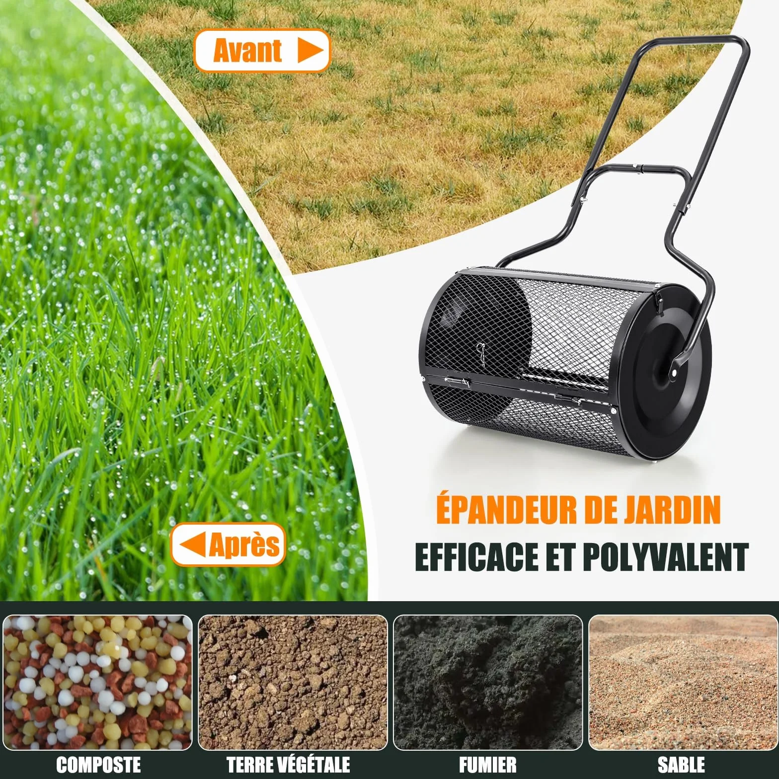 GOPLUS Épandeur de Compost d68cm pour Pelouses et Jardin, Capacité 75L, Épandeur en Treillis Métallique avec Double Loquets Latéraux, Épandeur de Fumier, de Terreau et de Paillis Roulant (Noir)