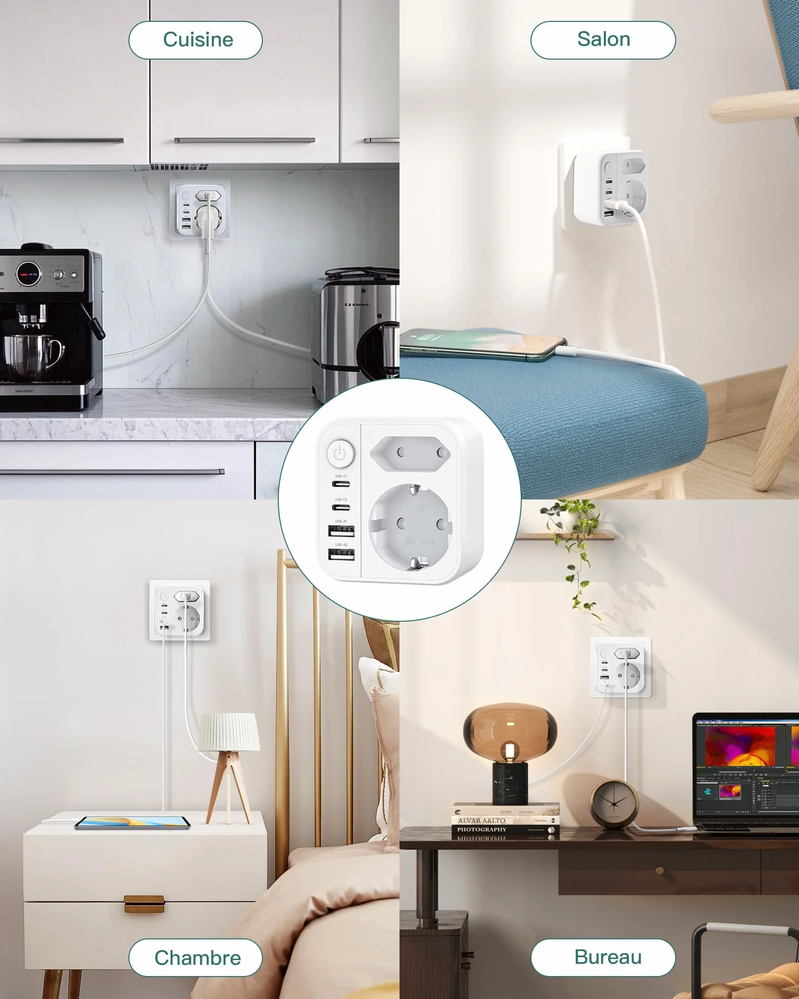 Prise Multiple 6-en-1 Multiprise avec 2 Ports USB A & USB C Prise Murale Interrupteur 4000W/16A Double Prise