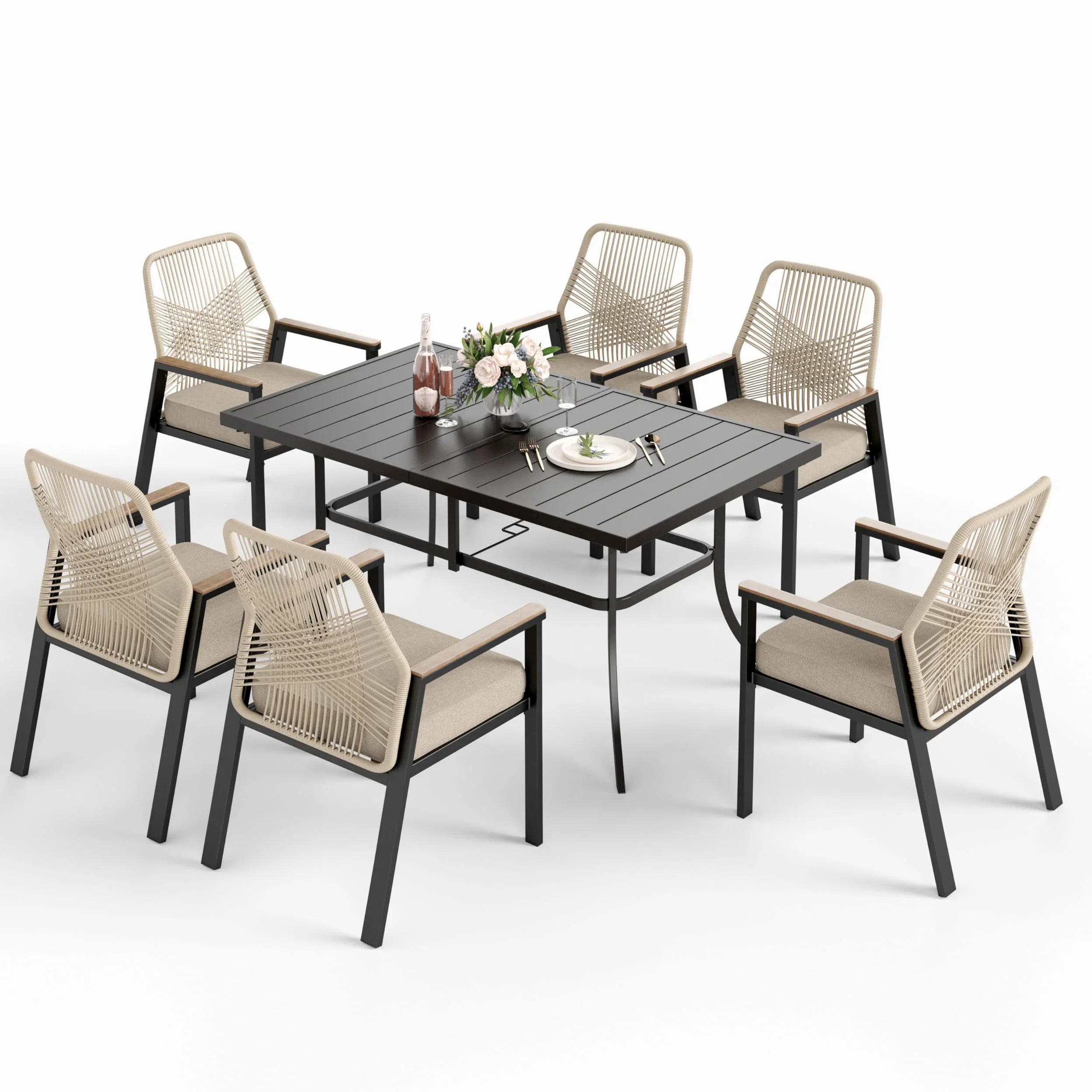 PHI VILLA Table Chaise de Jardin Exterieur, Table a Manger avec 6 Chaises Rotin avec Trou de Parasol Fer Forgé Terrasse Balcon