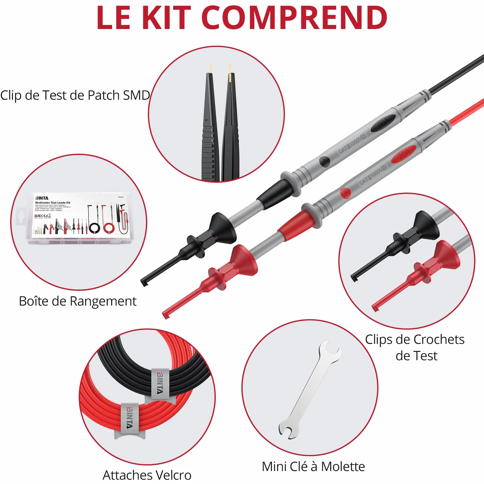 BINTA Câbles de Test Multimètre 25 PCS, Kit Fils Silicone CAT III 1000V 20A, Coffret