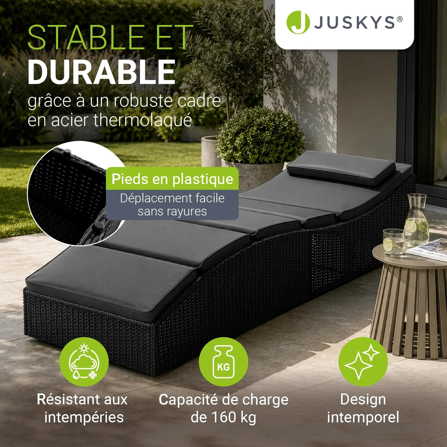 Juskys Chaise Longue de Jardin Lamia Pliante, en polyrotin, avec Support, appuie-tête réglable, Charge maximale de 160 kg - Chaise Longue extérieure de Jardin et Balcon, Noir