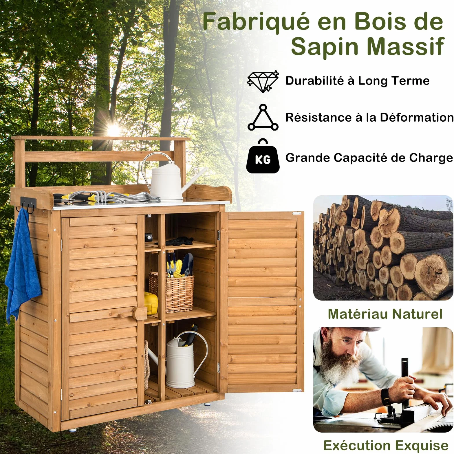 GOPLUS Table de Rempotage en Bois de Sapin, Armoire de Rangement de Jardin avec Plateau en Métal, 87 x 45 x 120 cm, Naturel