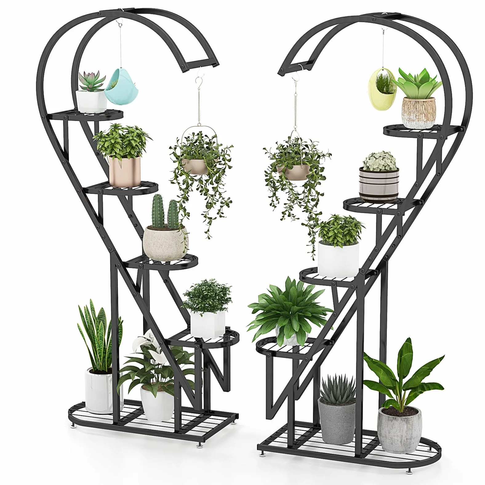 HOMASIS Support pour plantes à 5 étages en métal en forme de cœur - Avec crochets - Pour l'intérieur et l'extérieur - Pour salon, jardin, balcon, terrasse - Noir