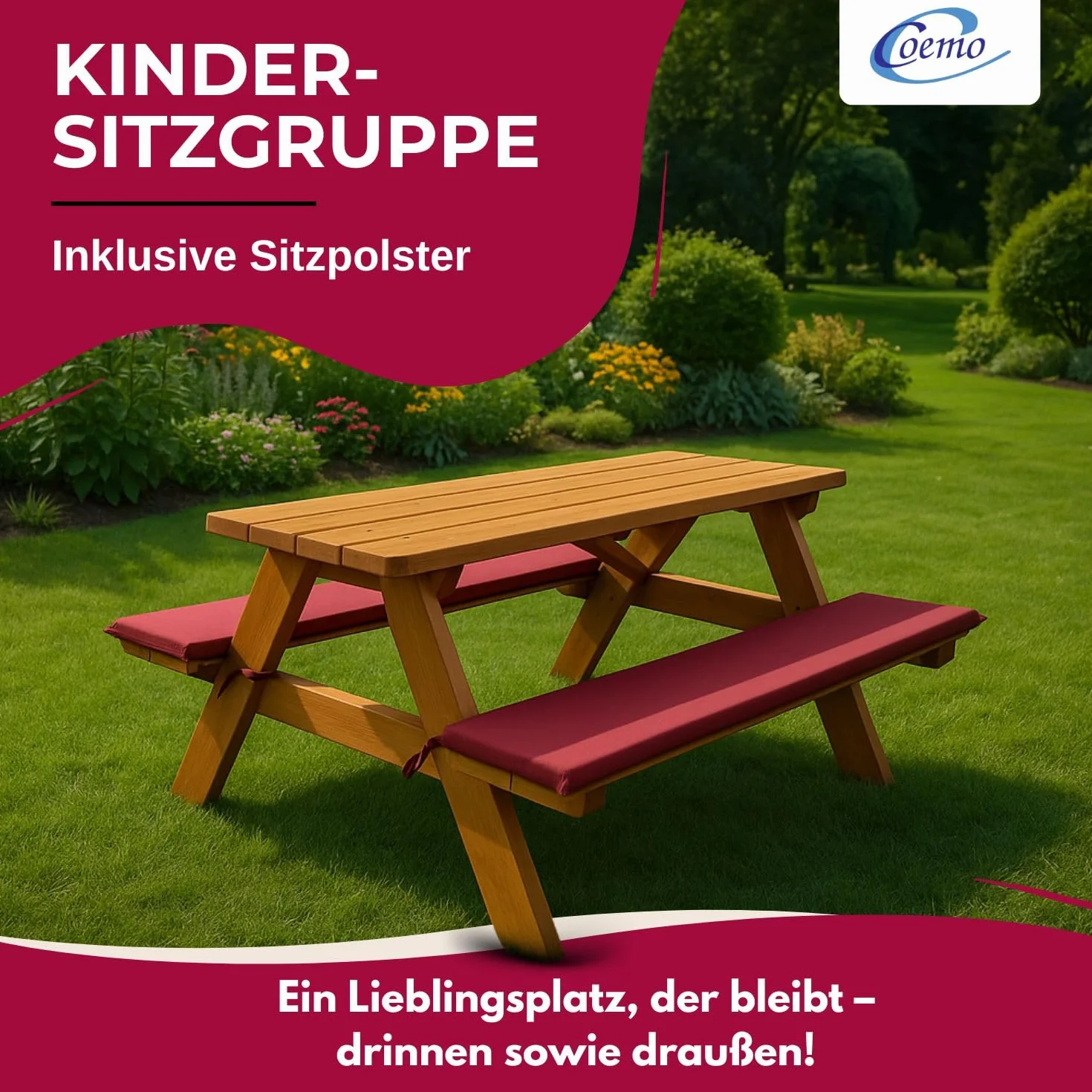 Coemo Salon de jardin stable pour enfant avec rembourrage Table de pique-nique en bois