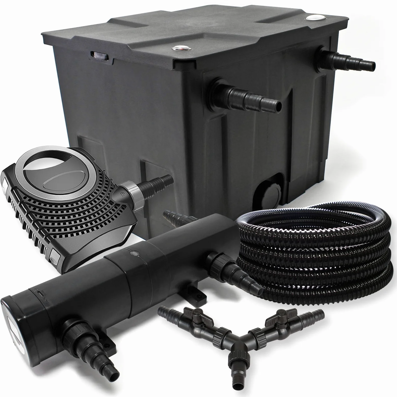 SunSun Kit complet: CBF-350 Filtre de bassin jusqu'à 12000 L Biologique, CTF-8000 pompe de filtration 8000l/h 70W, CUV-218 lampe uv UVC Clarificateur avec 18W, 25m Tuyau 25 mm, Y-distributeur