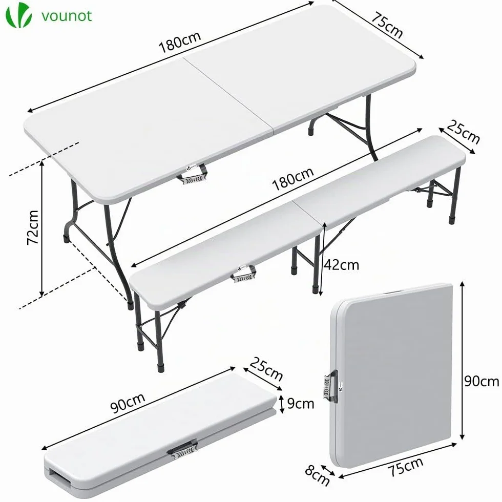 Ensemble Table Pliante et Bancs Pliables Camping 180cm HDPE Polyrotin 8 Places Blanc