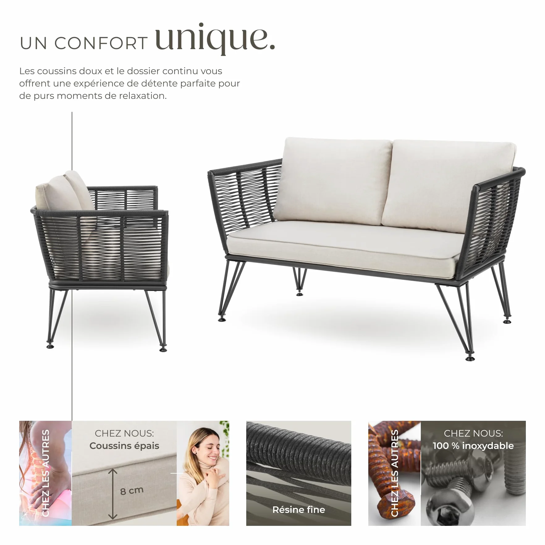 tectake® Canapé 2 Places Salon de Jardin Exterieur en Résine tréssée Salon Exterieur, Banquette de Jardin Coussins Inclus, Amenagement Balcon Terrasse Veranda Patio Maison
