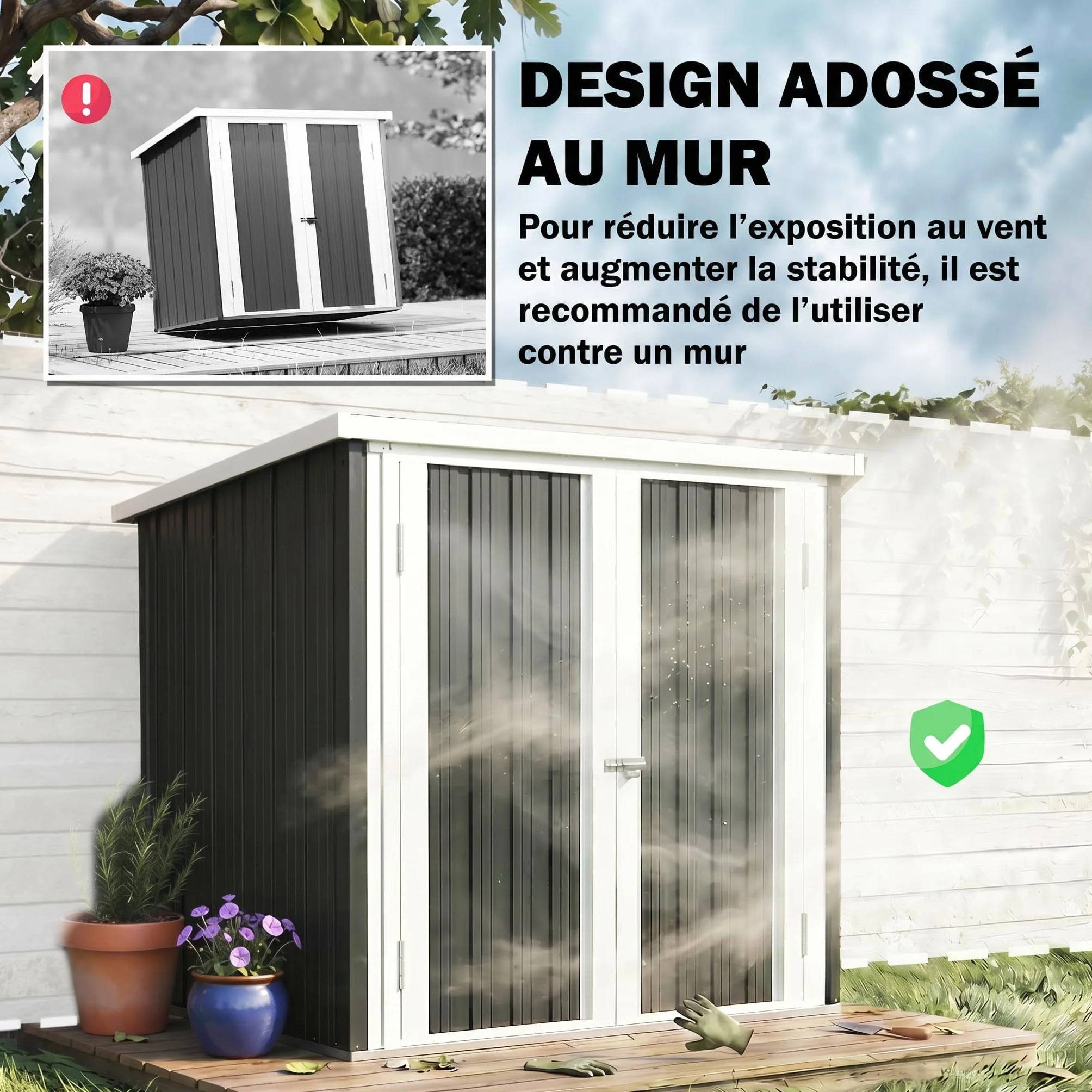 Outsunny Abri de Jardin 1,09 m² Cabanon Rangement Outils 2 Portes verrouillables 147L x 86l x 134H cm tôle d'acier Noir Blanc