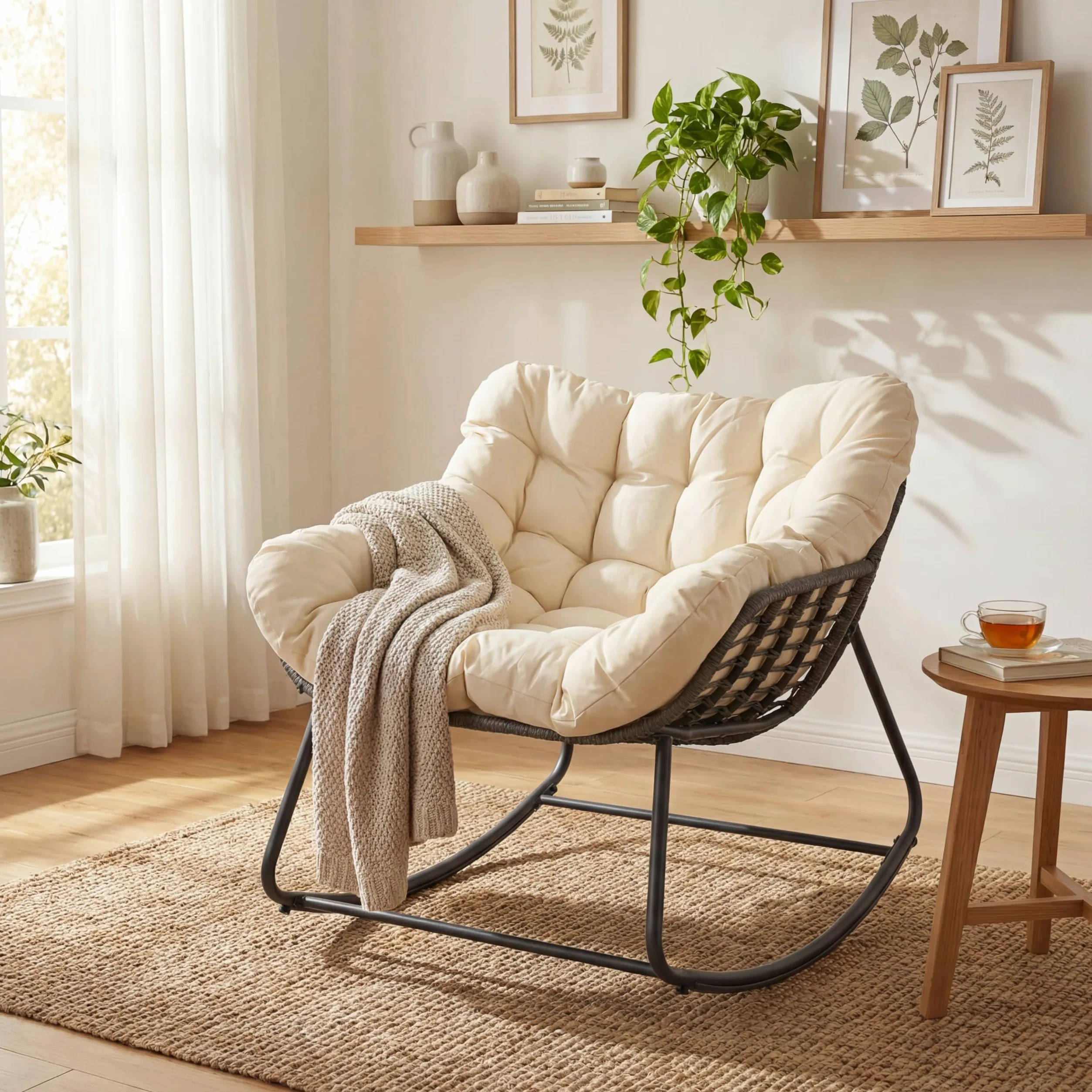 SOARS Fauteuil à Bascule de Jardin, Chaise à Bascule Papasan en Rotin avec Coussin Rembourré et Amovible, Cadre en Métal, Charge 150 KG, pour Intérieur et Extérieur, Salon Balcon Terrasse, Beige
