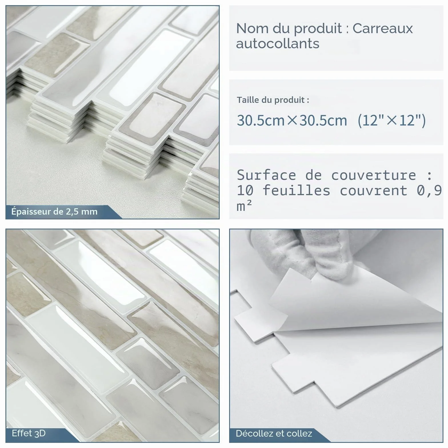 Credence Carreaux Adhesive 3D Marbre Faux Carrelage Autocollant Mural Beige 30.5x30.5cm