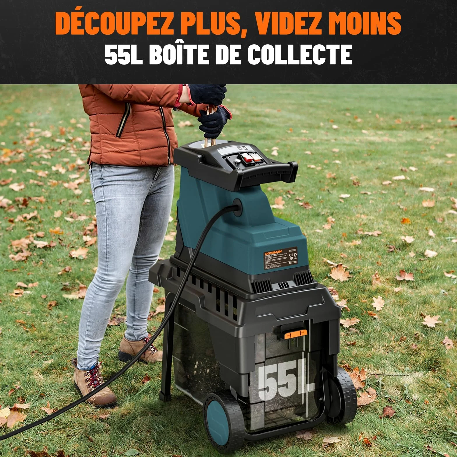 DOVAMAN GT10 Broyeur de Jardin Silencieux, Rouleau à 6 Dents, Ratio de Broyage 18:1, 2800W Moteur Sans Balais, Broie jusqu'à 45mm, 88dB, 55L Bac, Broyage Sans Effort du Déchets de Jardin
