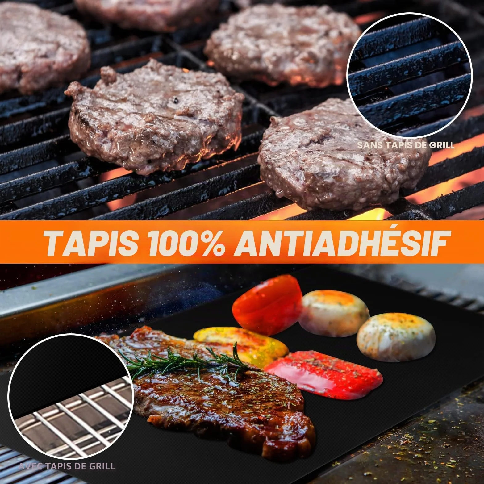 Tapis de Cuisson Barbecue 50x40 cm Set de 5 Grille BBQ Mats Anti-Adhérent Réutilisable