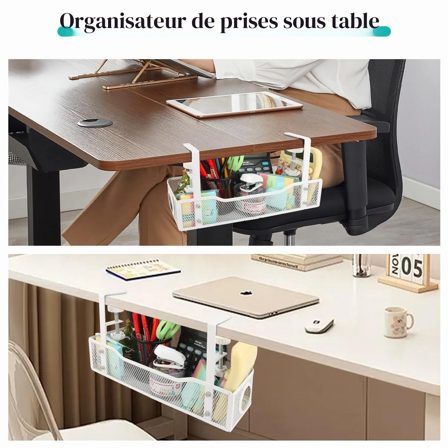 Plateau de Gestion des Câbles Sous le Bureau, Panier de Câbles en Maille Sans Perçage Blanc